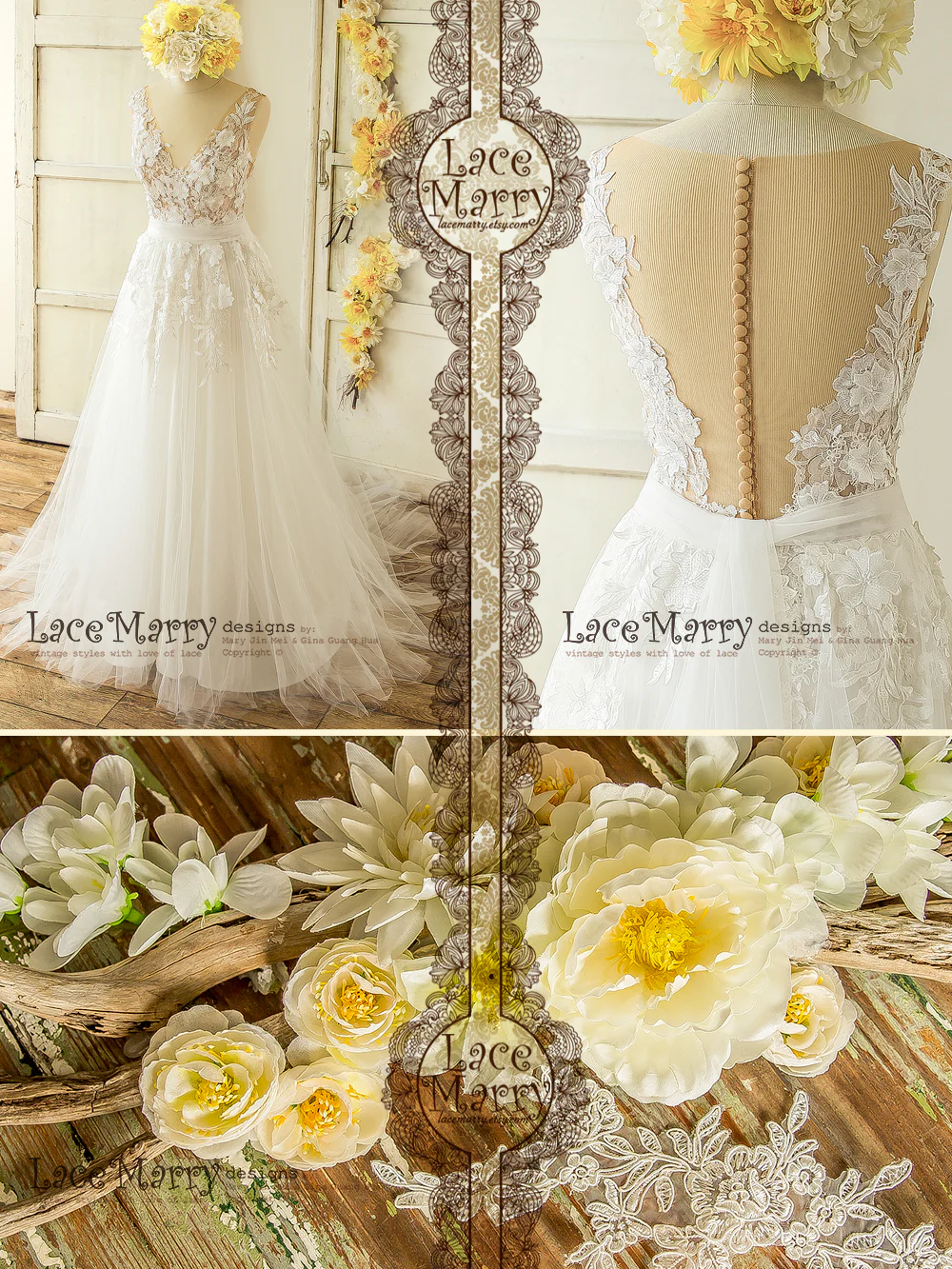 3D Lace Boho Wedding Dress with Sheer Nude Top - Image 10