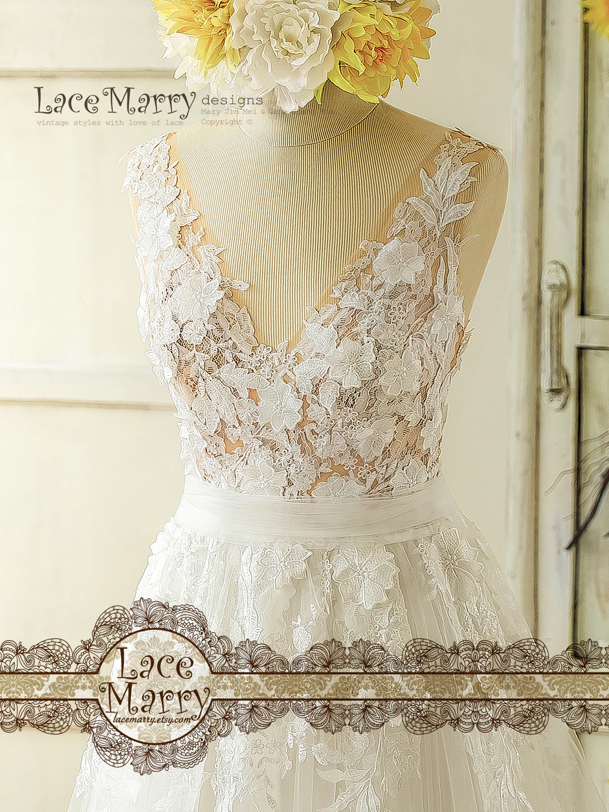 3D Lace Boho Wedding Dress with Sheer Nude Top - Image 3