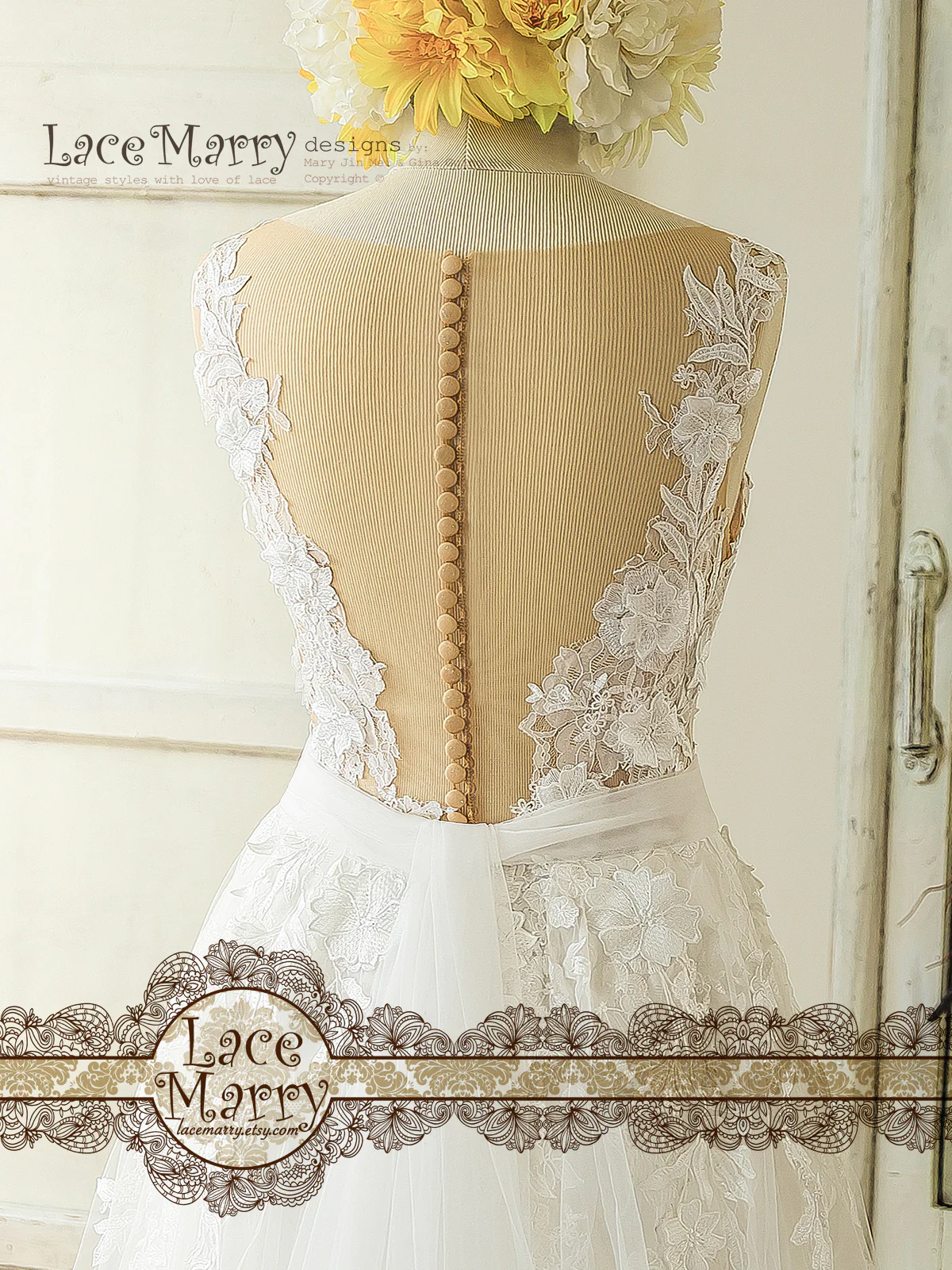 3D Lace Boho Wedding Dress with Sheer Nude Top - Image 4