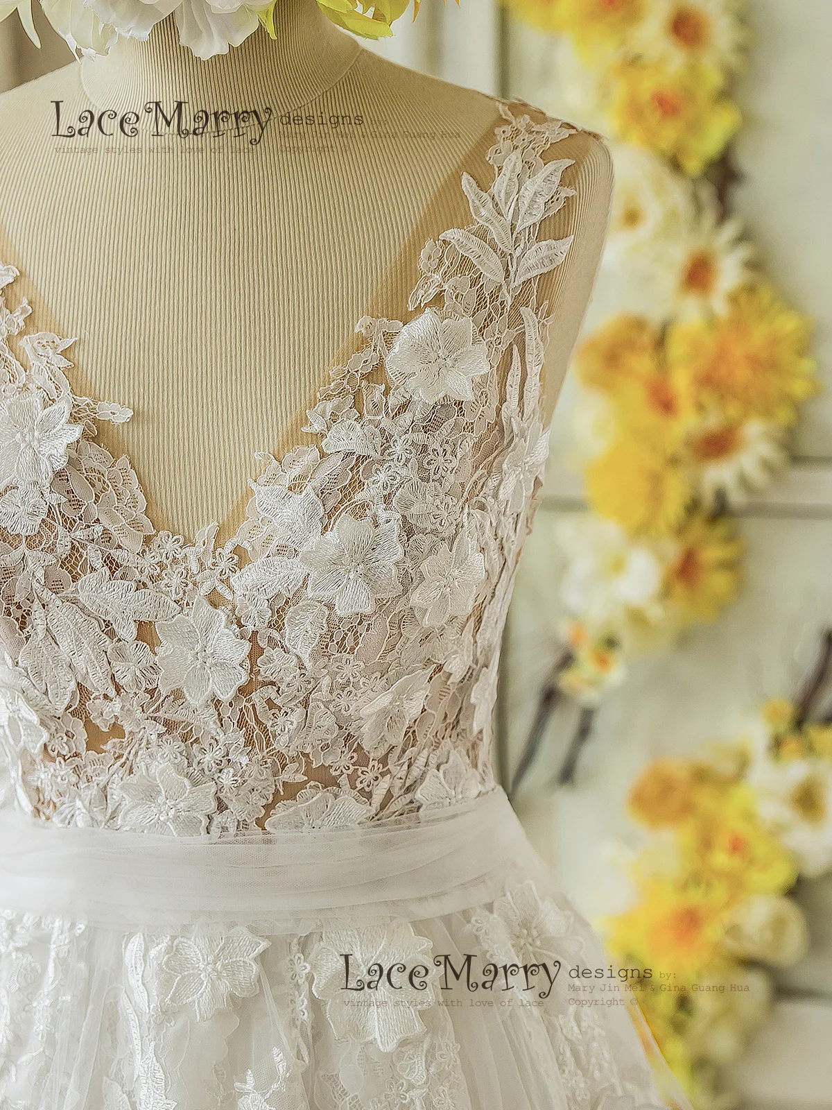 3D Lace Boho Wedding Dress with Sheer Nude Top - Image 5