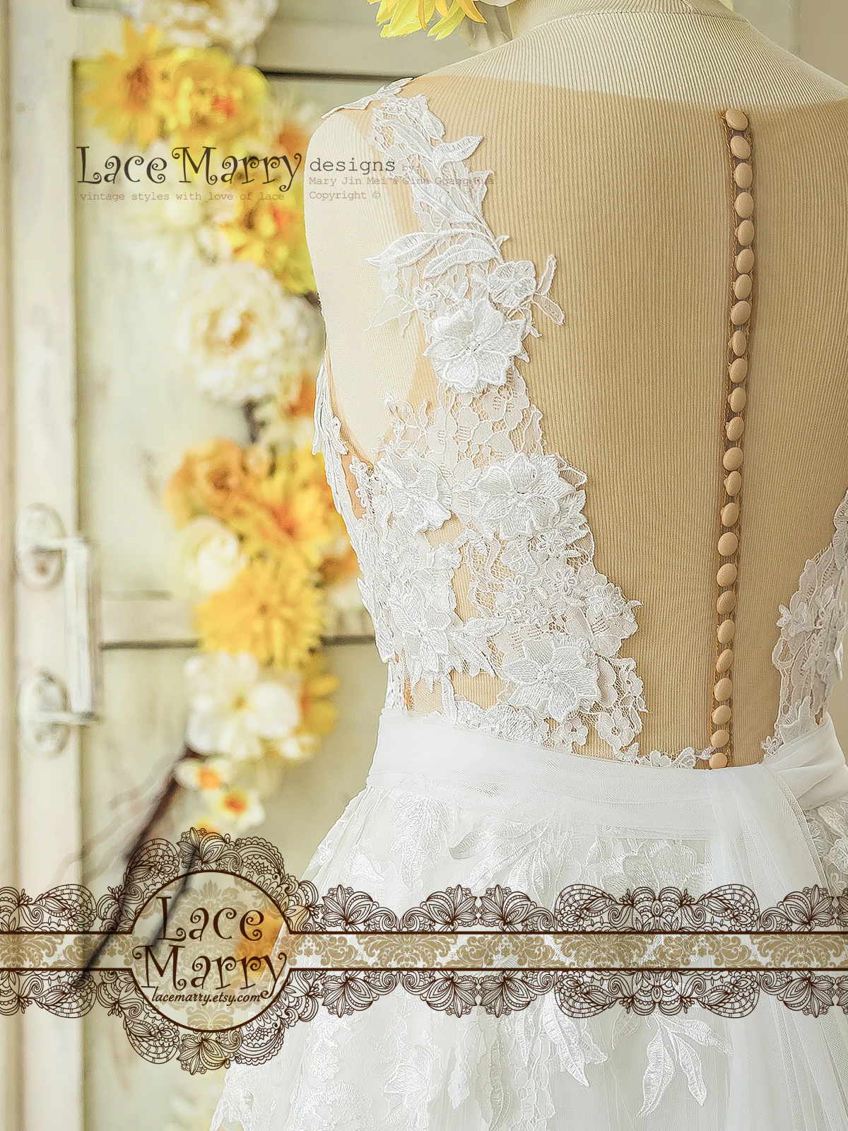 3D Lace Boho Wedding Dress with Sheer Nude Top - Image 6
