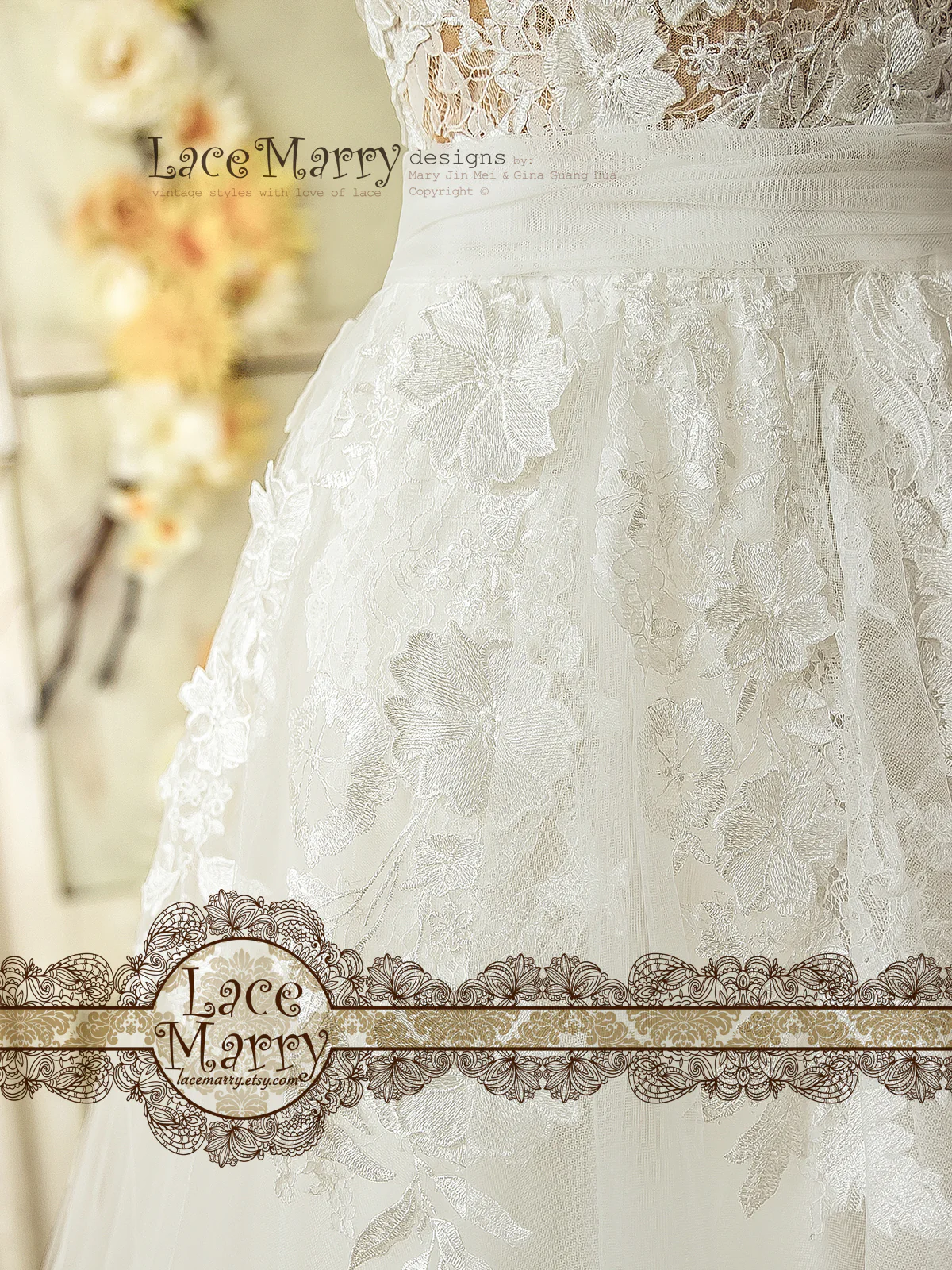 3D Lace Boho Wedding Dress with Sheer Nude Top - Image 7