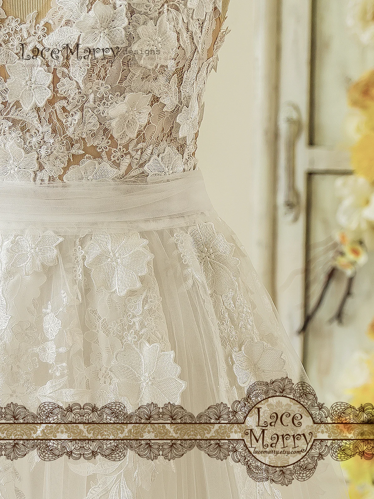 3D Lace Boho Wedding Dress with Sheer Nude Top - Image 9