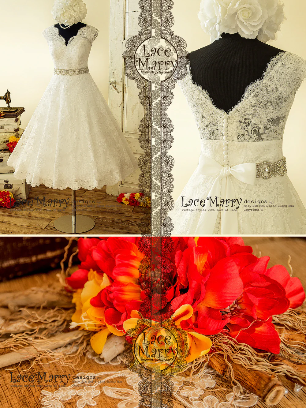 Tea Length Wedding Dress from Alencon Scalloped Lace - Image 9