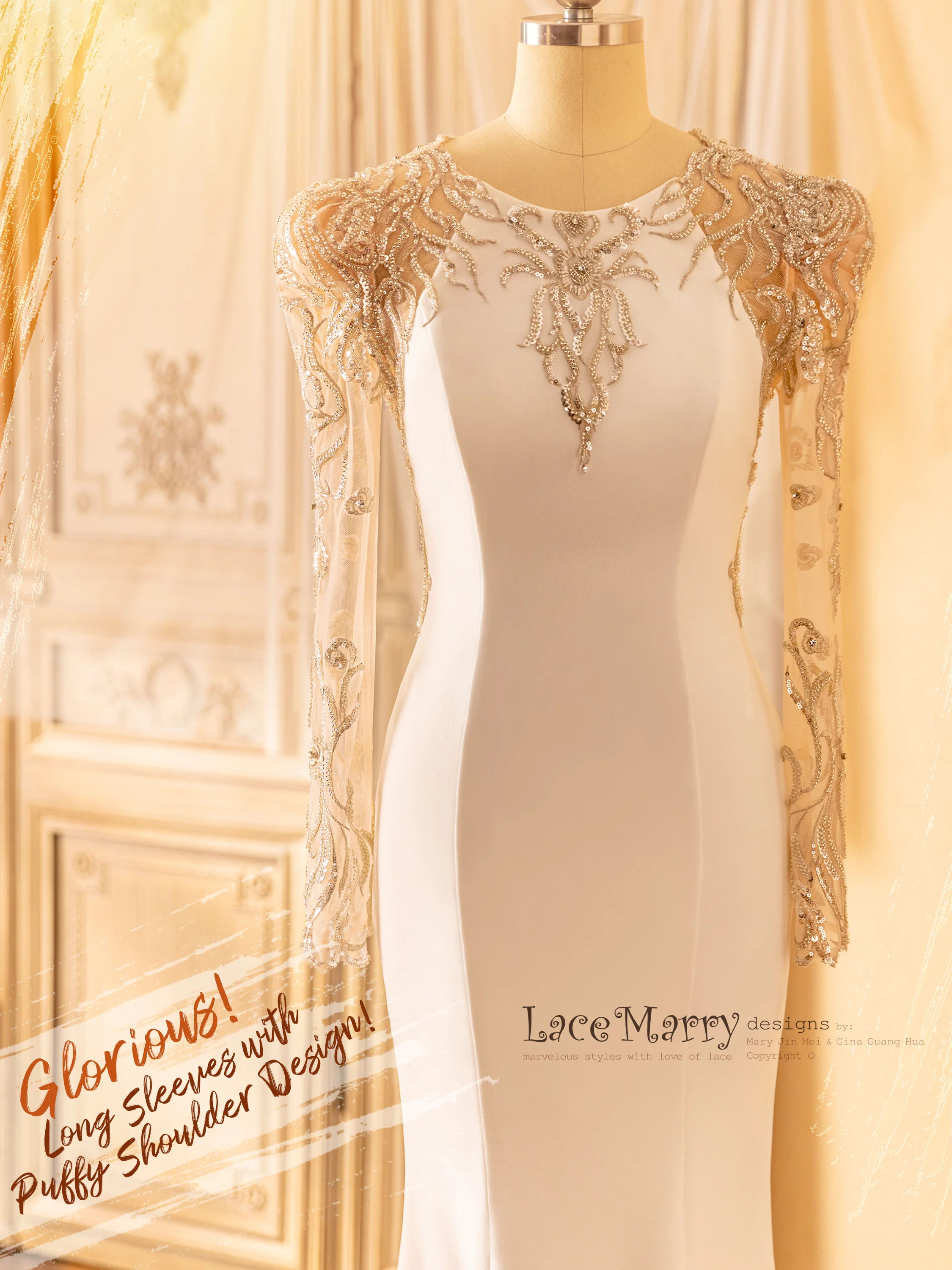 ANZU / Sophisticated Fitted Wedding Dress with Puff Shoulder Sleeves - Image 11