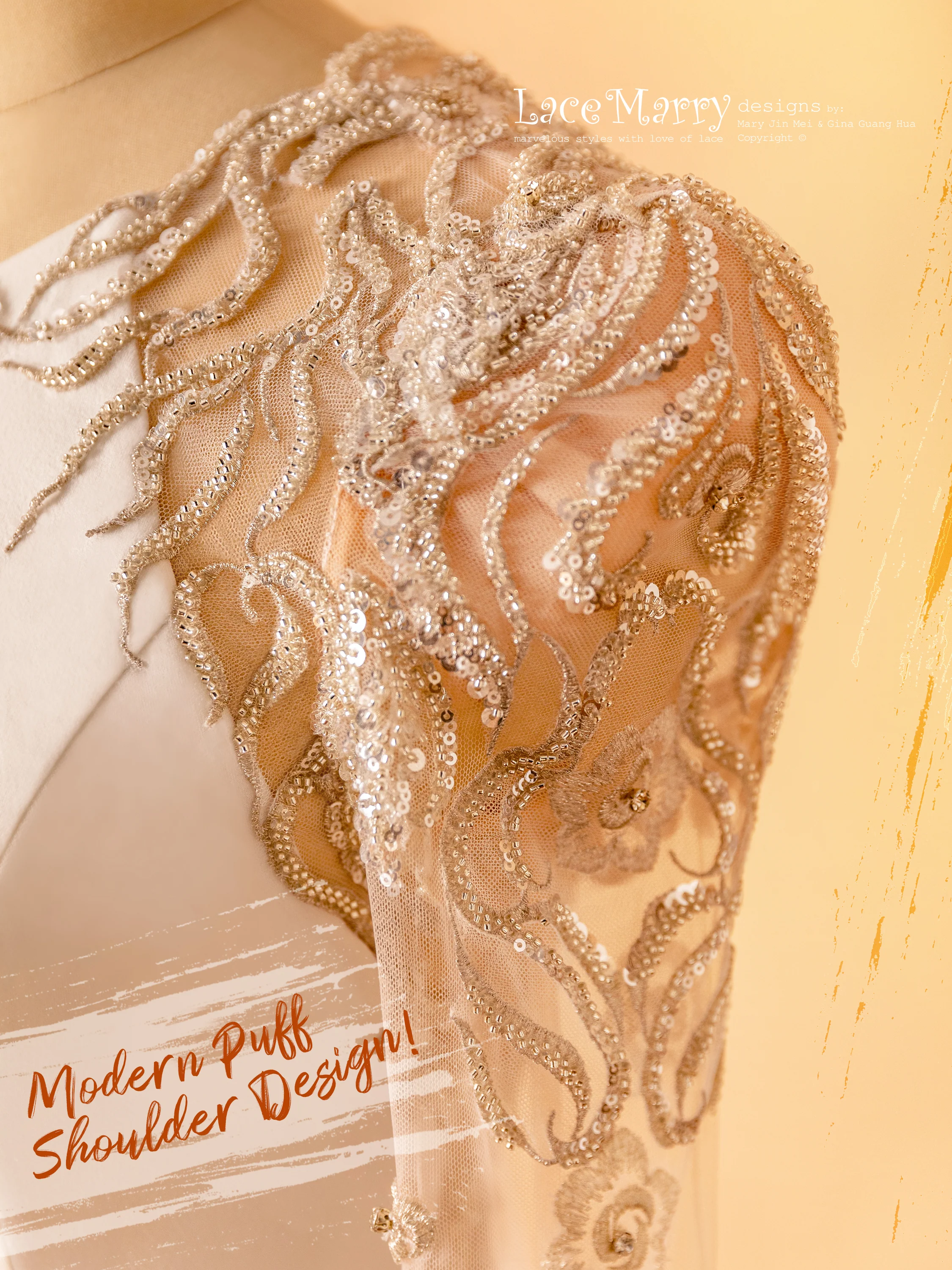 ANZU / Sophisticated Fitted Wedding Dress with Puff Shoulder Sleeves - Image 4