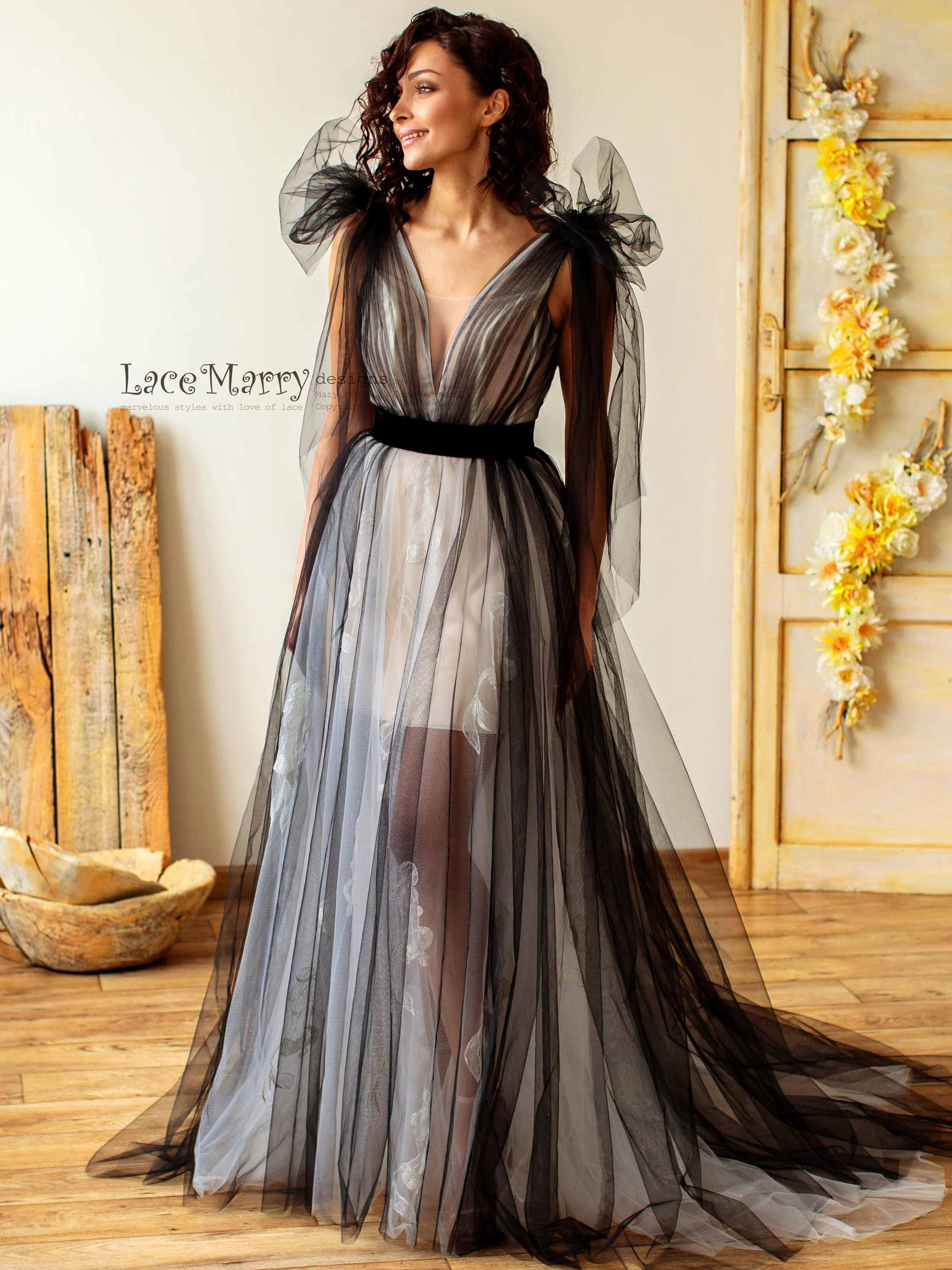 Black Tulle Ombre Wedding Dress - Image 3