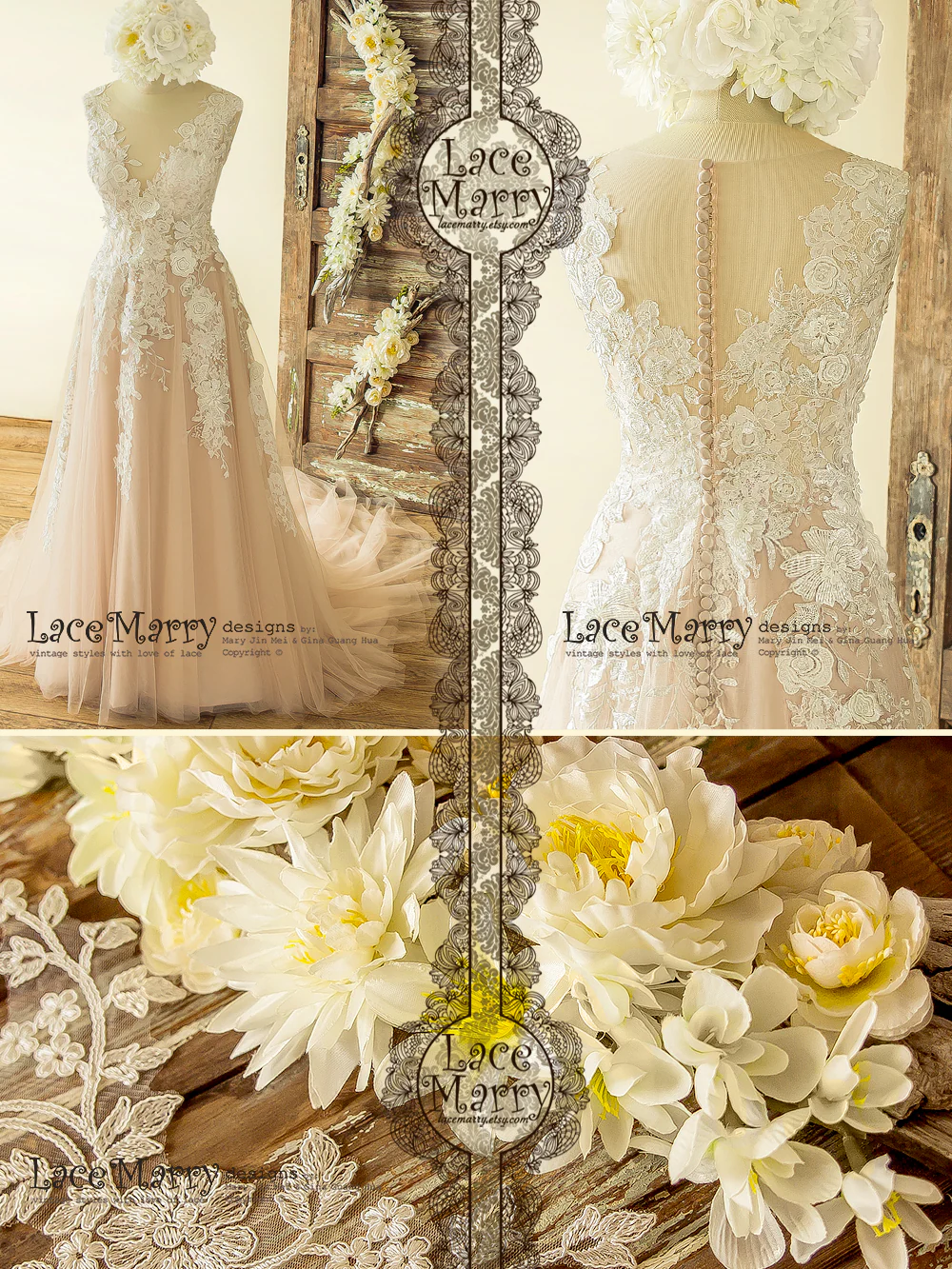Boho Blush Wedding Dress with Ivory Lace 3D Flower Appliques - Image 11