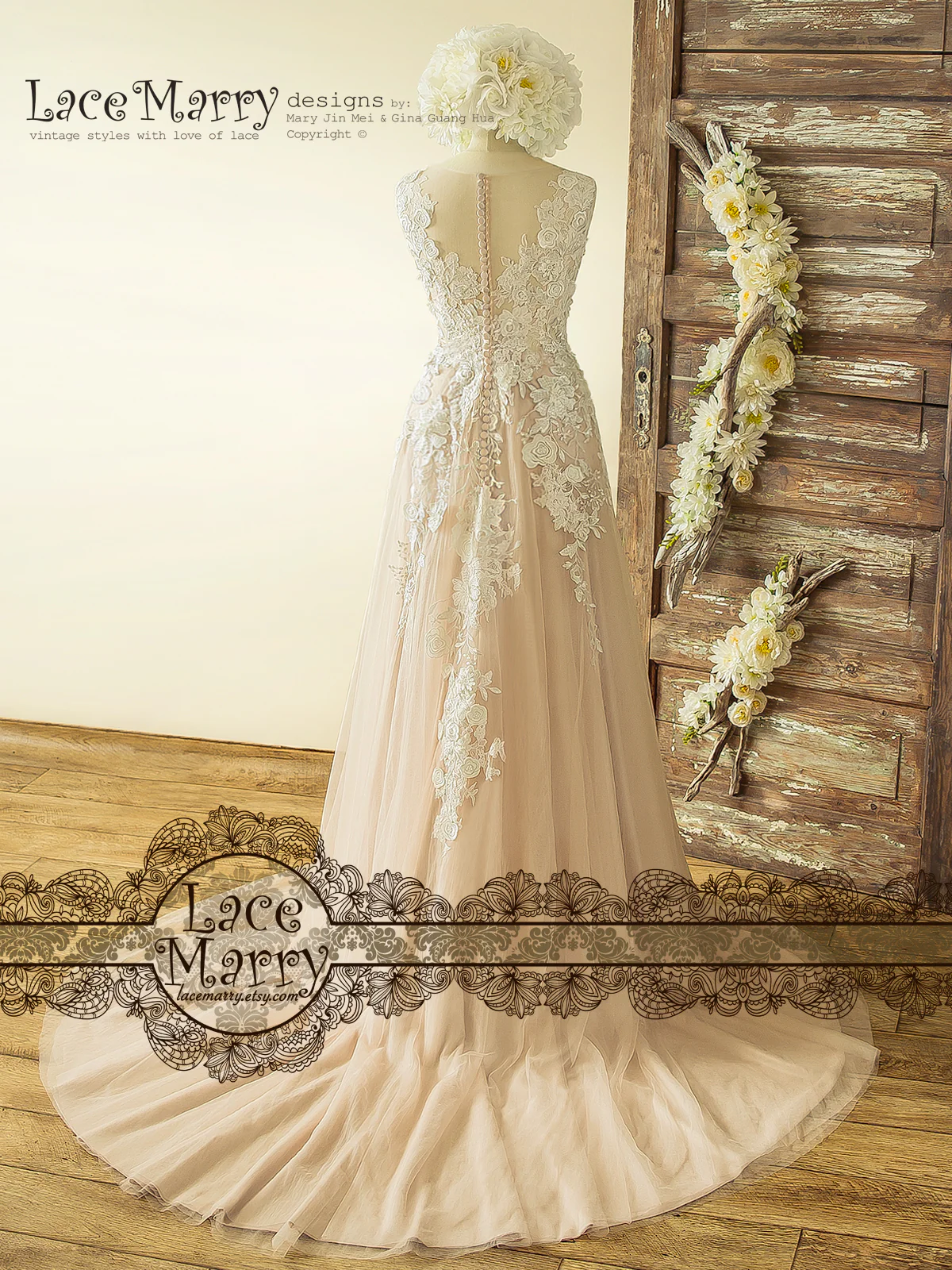 Boho Blush Wedding Dress with Ivory Lace 3D Flower Appliques - Image 3