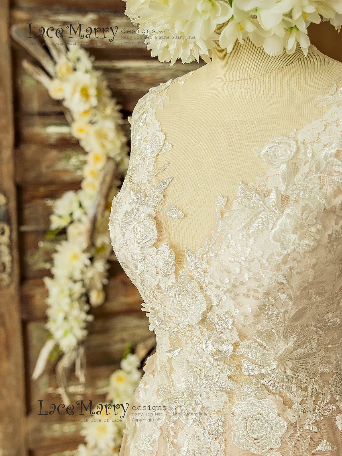 Boho Blush Wedding Dress with Ivory Lace 3D Flower Appliques - Image 4
