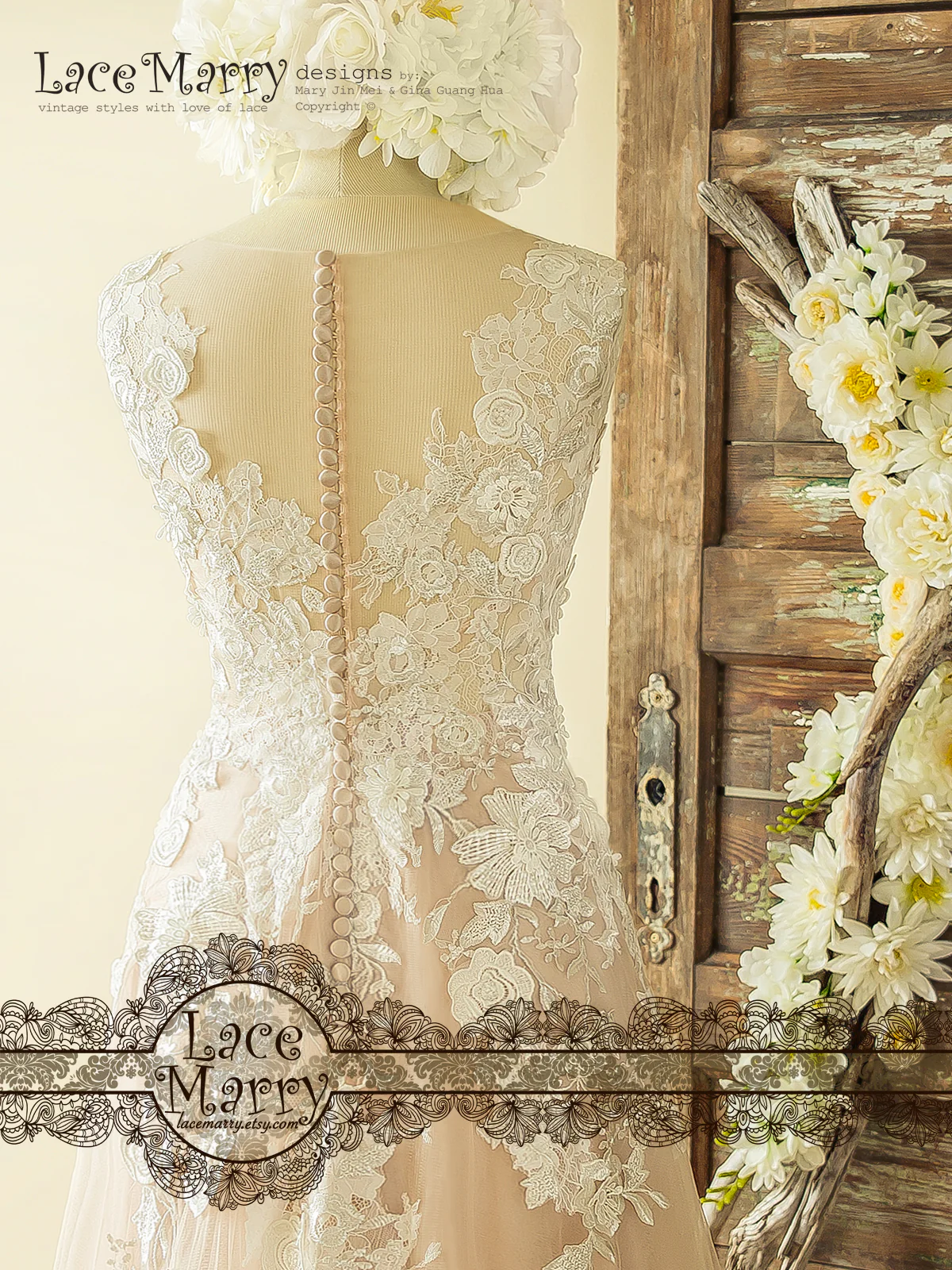 Boho Blush Wedding Dress with Ivory Lace 3D Flower Appliques - Image 5