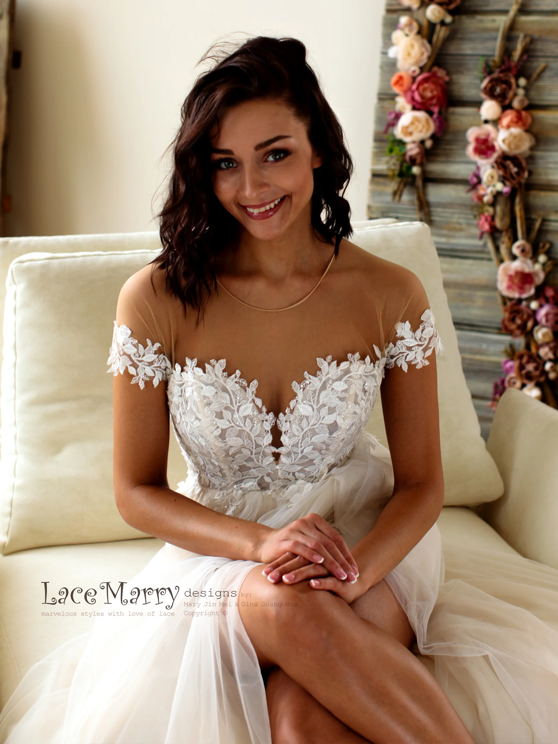 Boho Lace Wedding Dress with Illusion Off Shoulder Cap Sleeves - Image 10