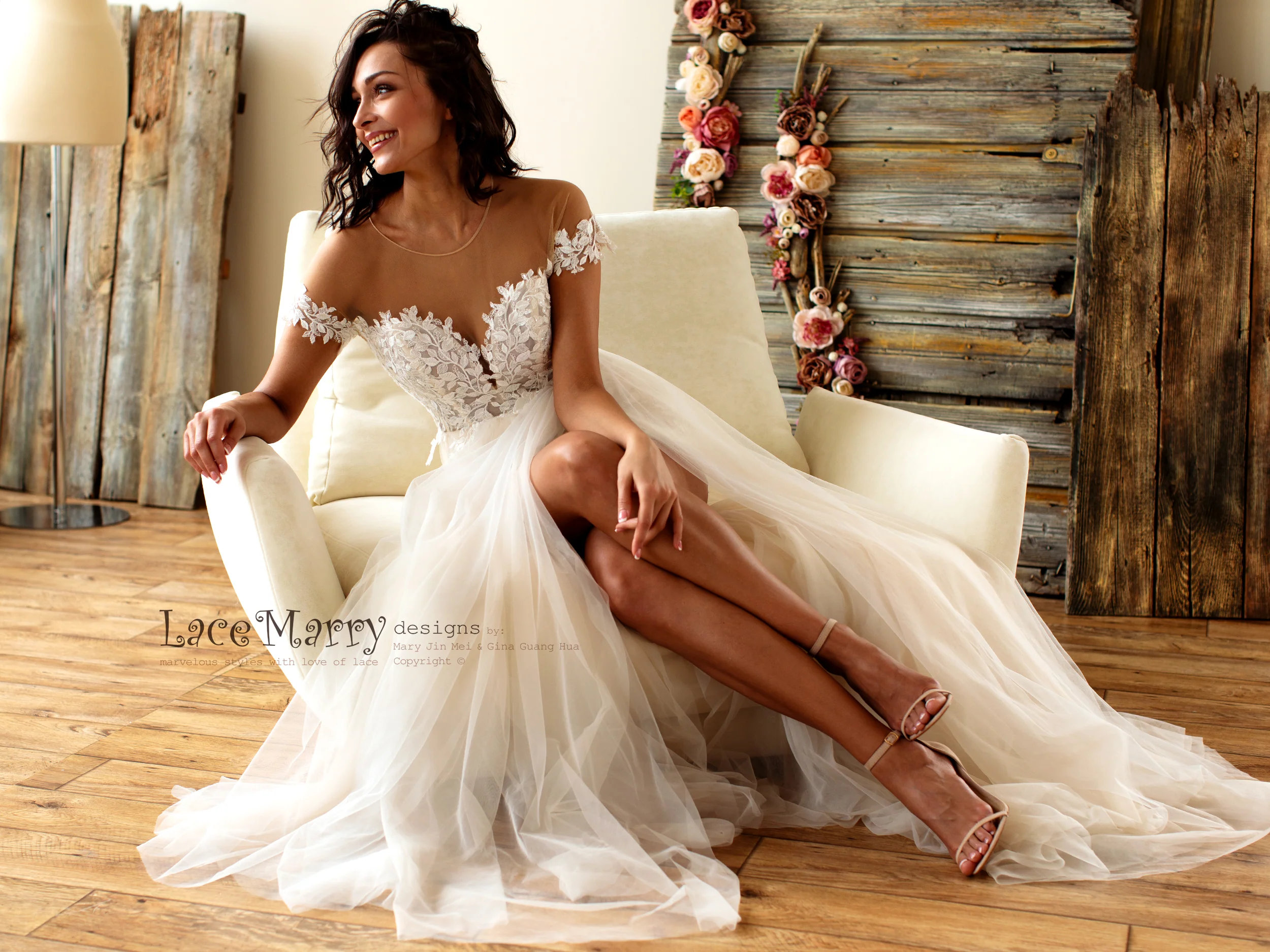 Boho Lace Wedding Dress with Illusion Off Shoulder Cap Sleeves - Image 11