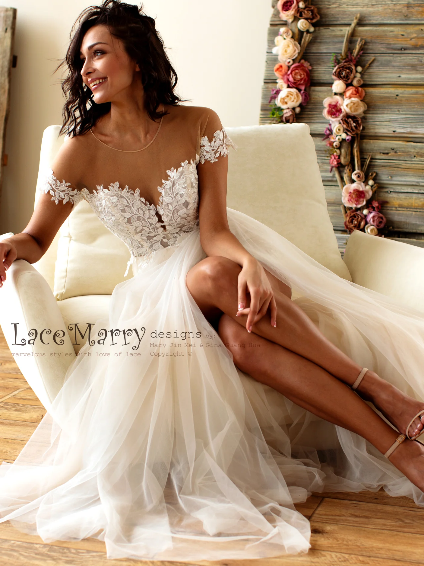 Boho Lace Wedding Dress with Illusion Off Shoulder Cap Sleeves - Image 3