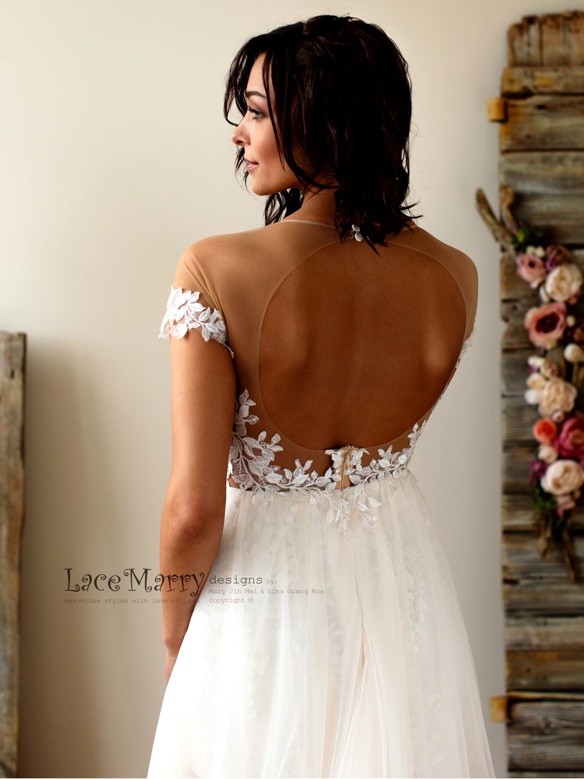 Boho Lace Wedding Dress with Illusion Off Shoulder Cap Sleeves - Image 4