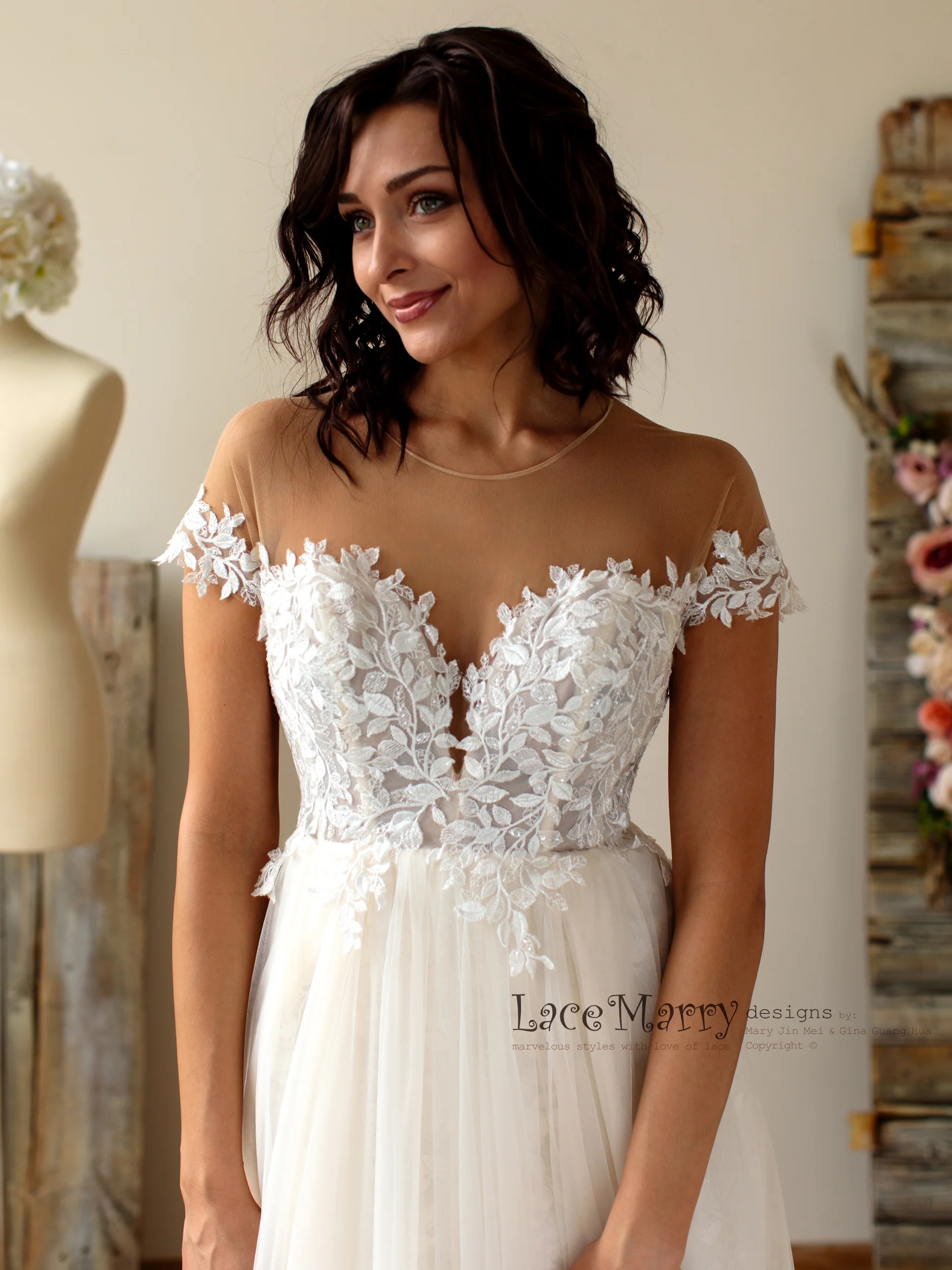 Boho Lace Wedding Dress with Illusion Off Shoulder Cap Sleeves - Image 5