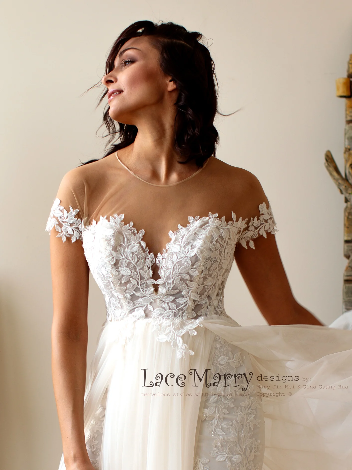 Boho Lace Wedding Dress with Illusion Off Shoulder Cap Sleeves - Image 6