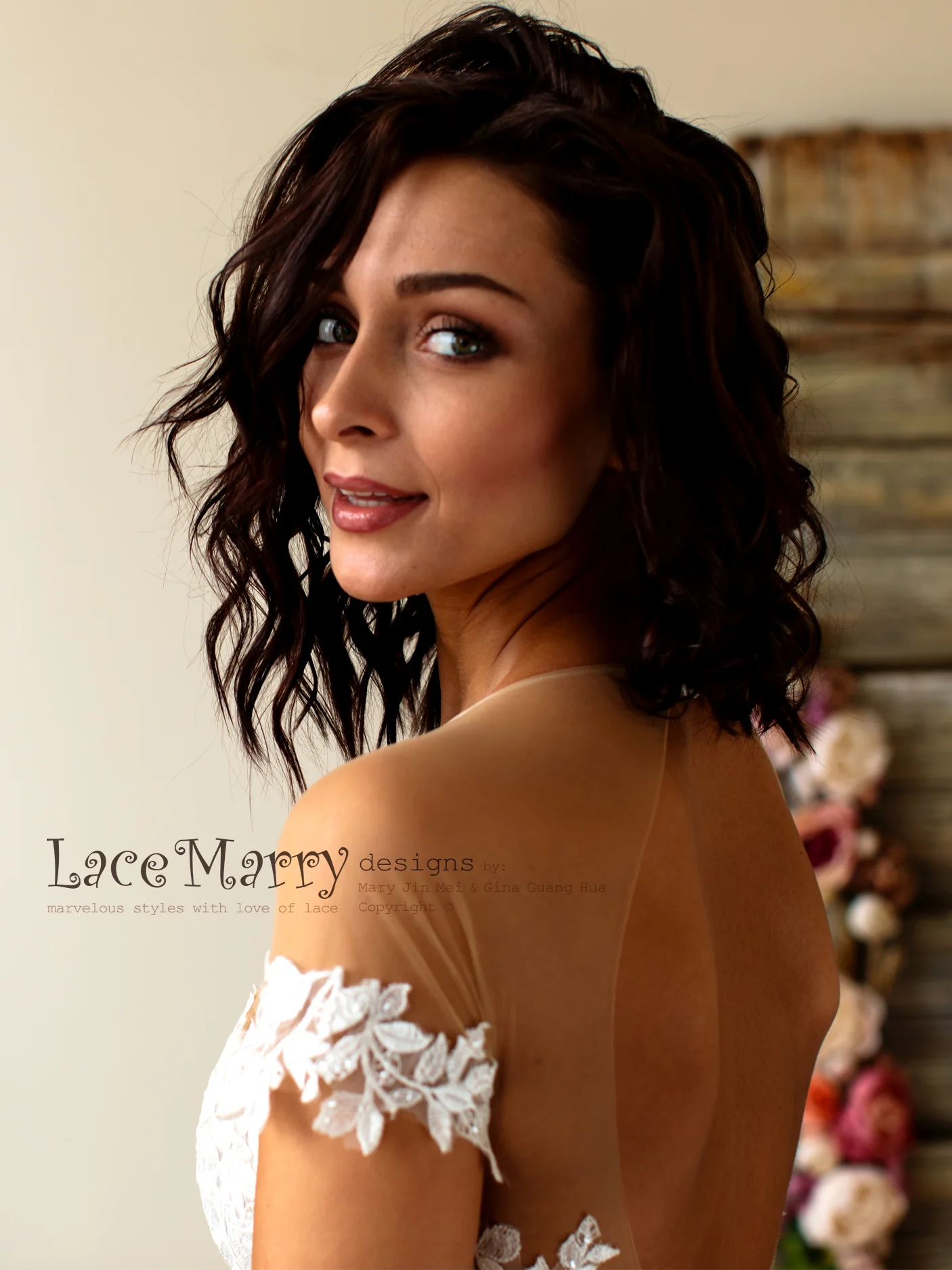 Boho Lace Wedding Dress with Illusion Off Shoulder Cap Sleeves - Image 7