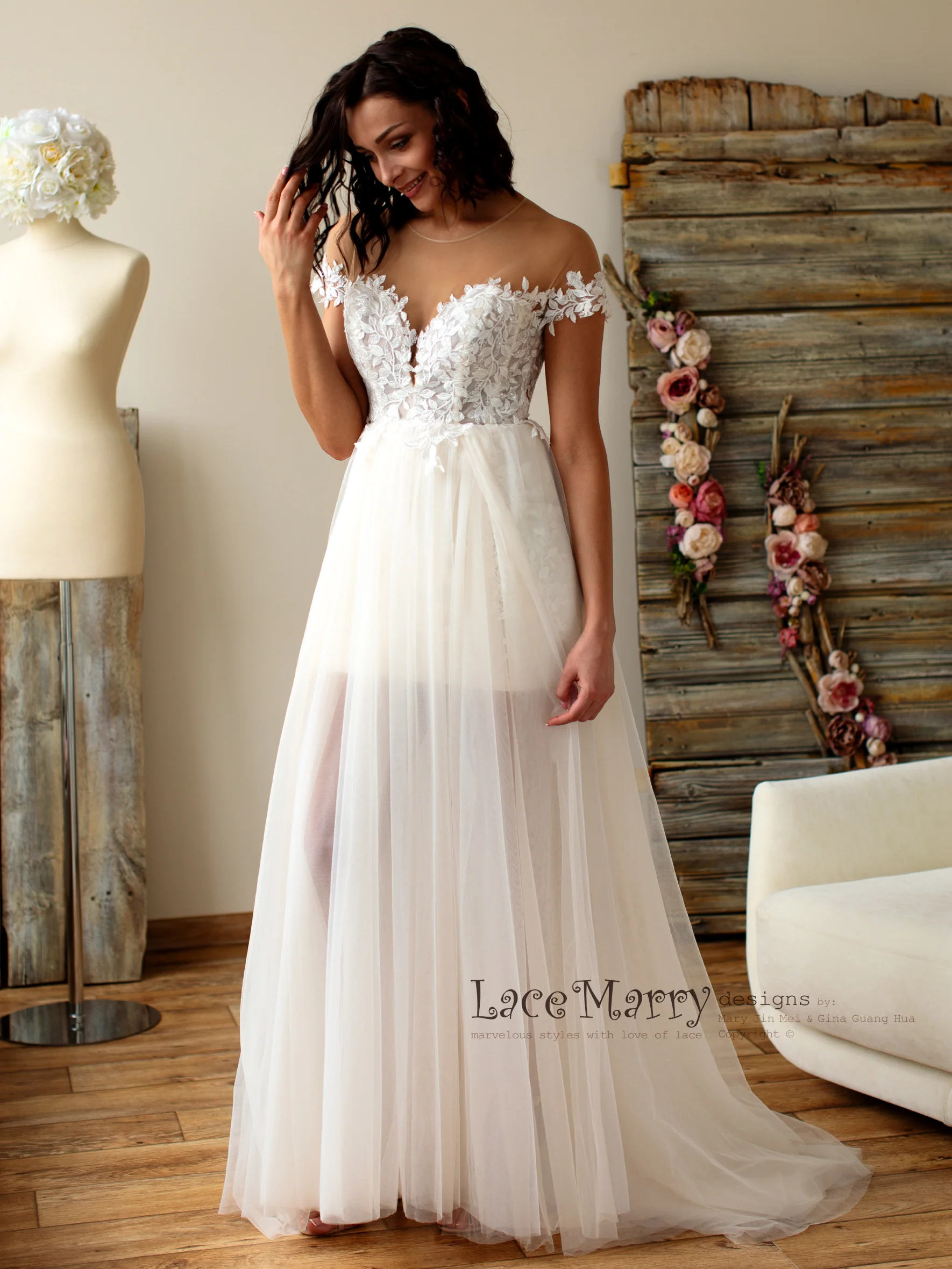 Boho Lace Wedding Dress with Illusion Off Shoulder Cap Sleeves - Image 8