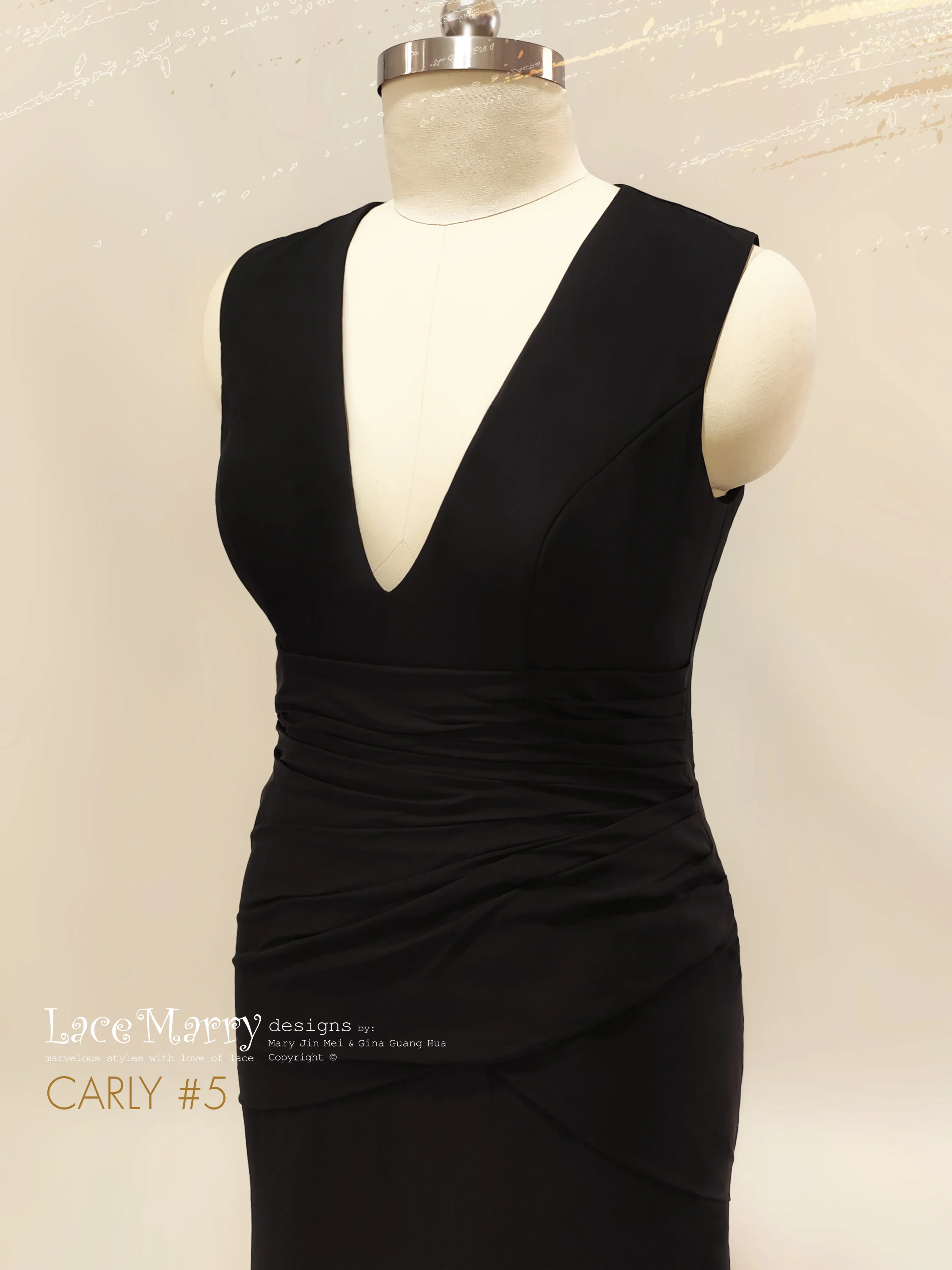 CARLY #5 / Slim A Line Black Wedding Dress with Deep Sexy V-neck - Image 3