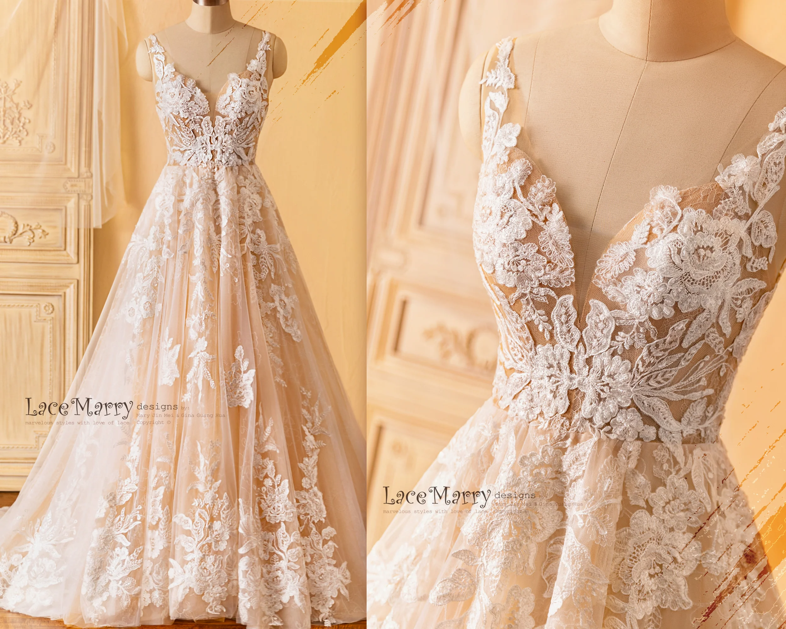 CELINE / Enchanting Lace Wedding Dress with Flower Embroidered Tulle - Image 16
