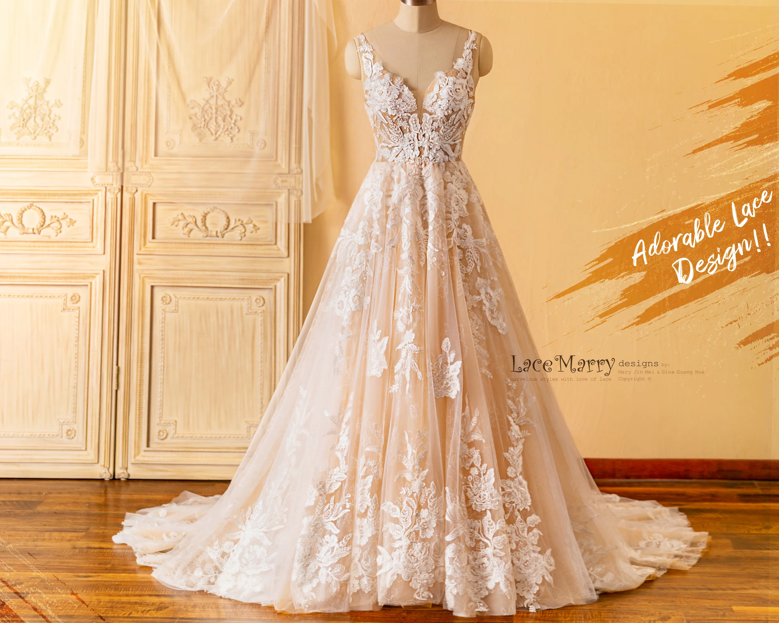 CELINE / Enchanting Lace Wedding Dress with Flower Embroidered Tulle - Image 9