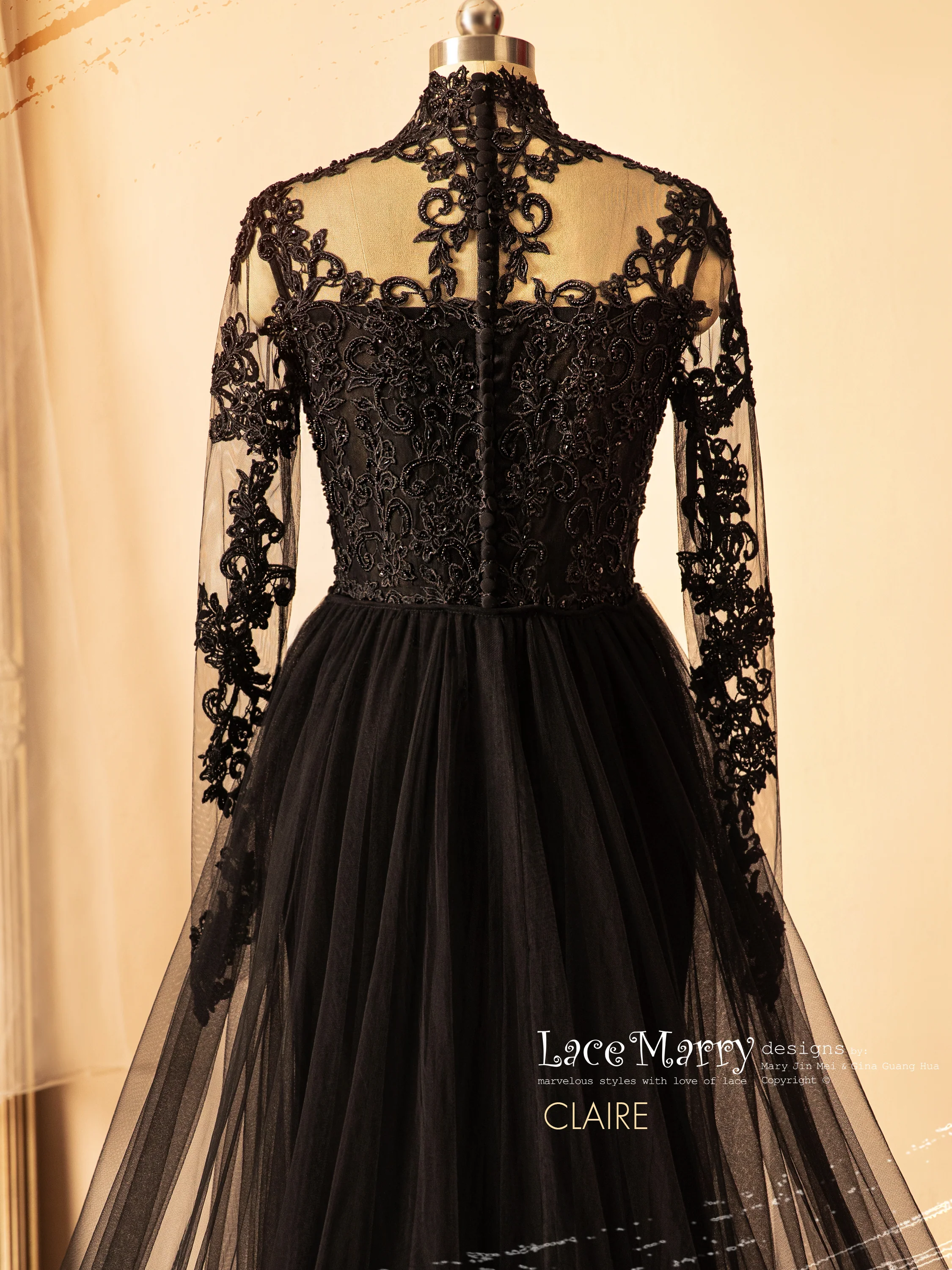 CLAIRE / Black Wedding Dress with Queen Anne Neckline - Image 10