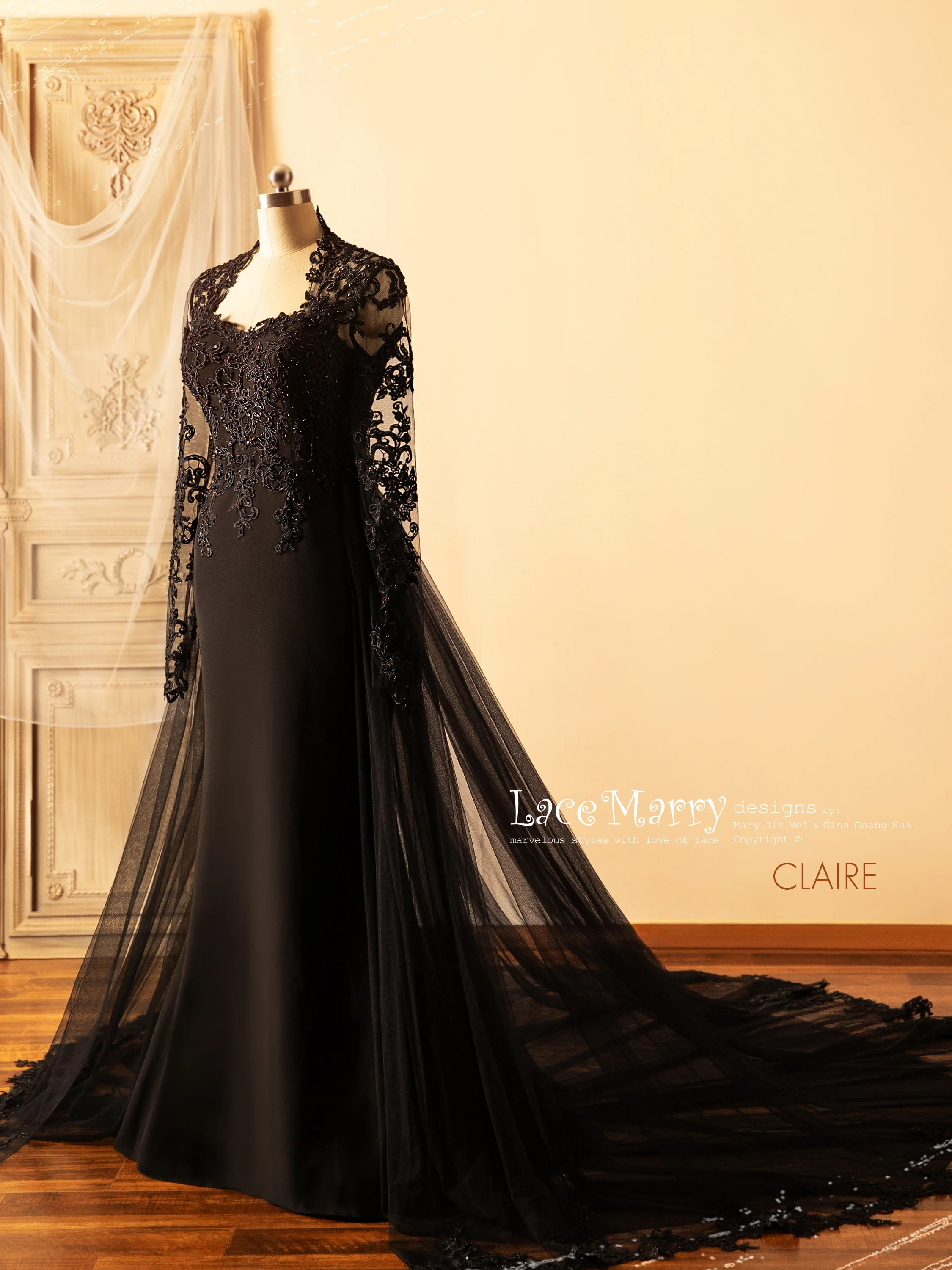 CLAIRE / Black Wedding Dress with Queen Anne Neckline - Image 11