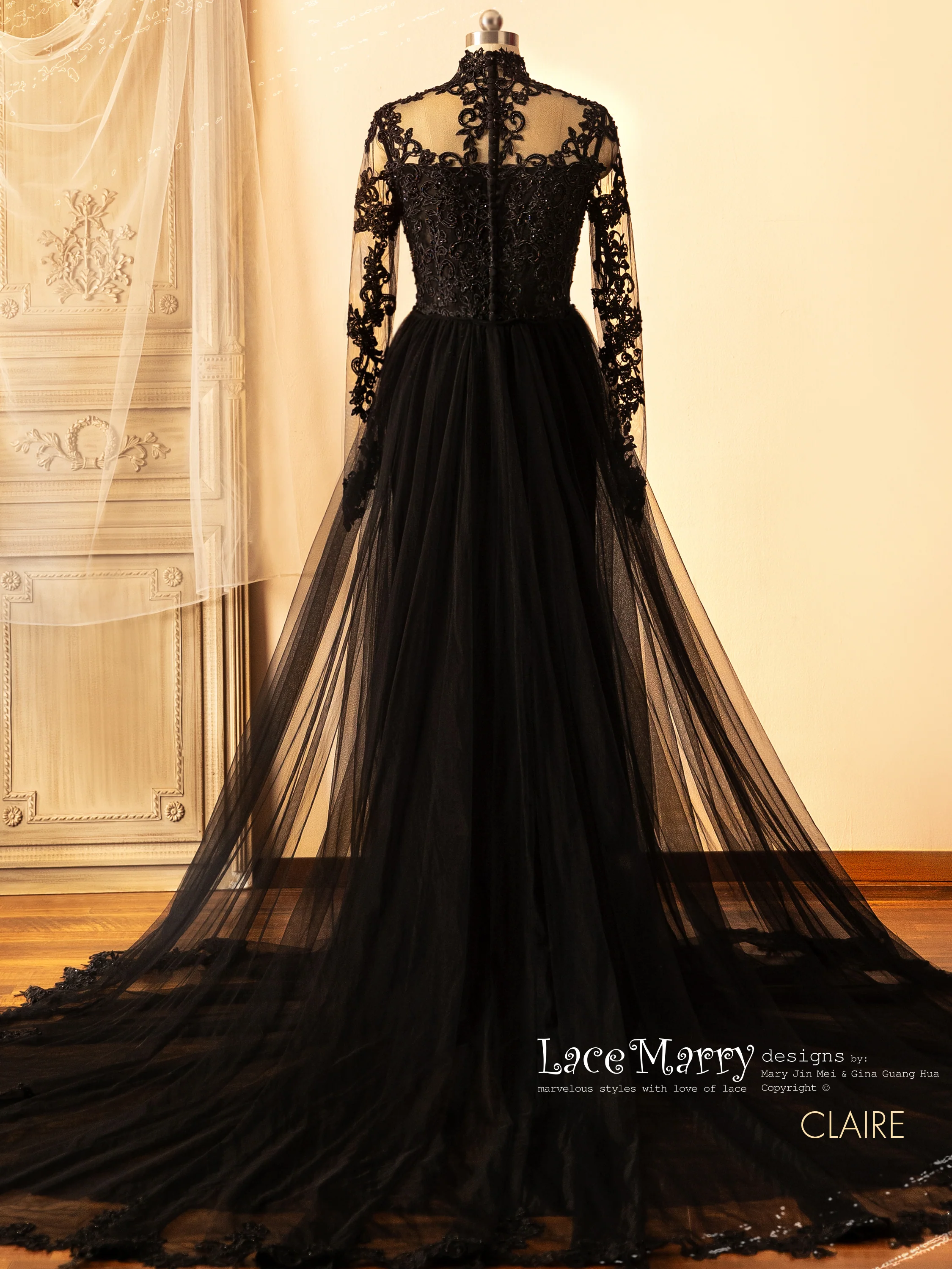 CLAIRE / Black Wedding Dress with Queen Anne Neckline - Image 12