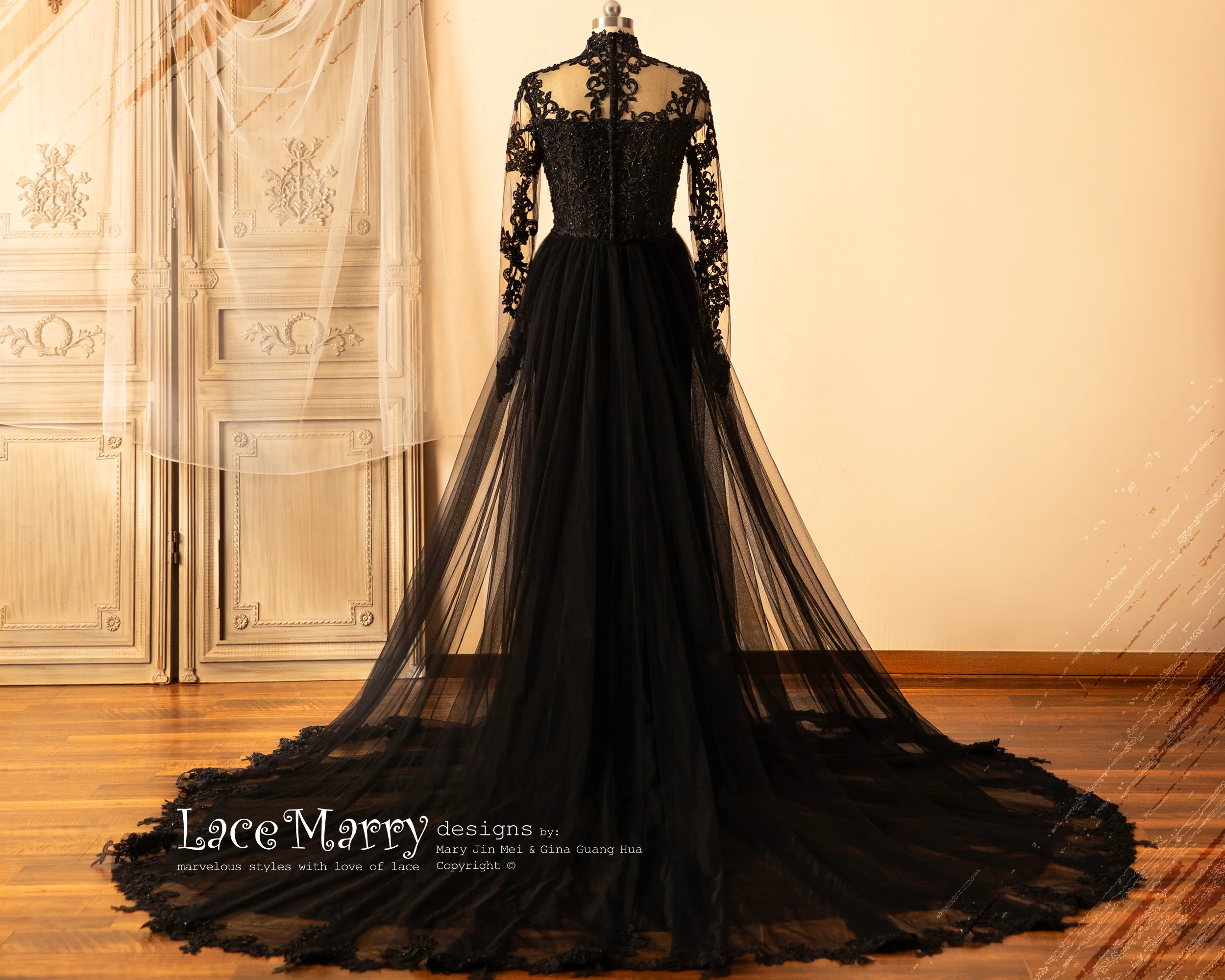CLAIRE / Black Wedding Dress with Queen Anne Neckline - Image 14