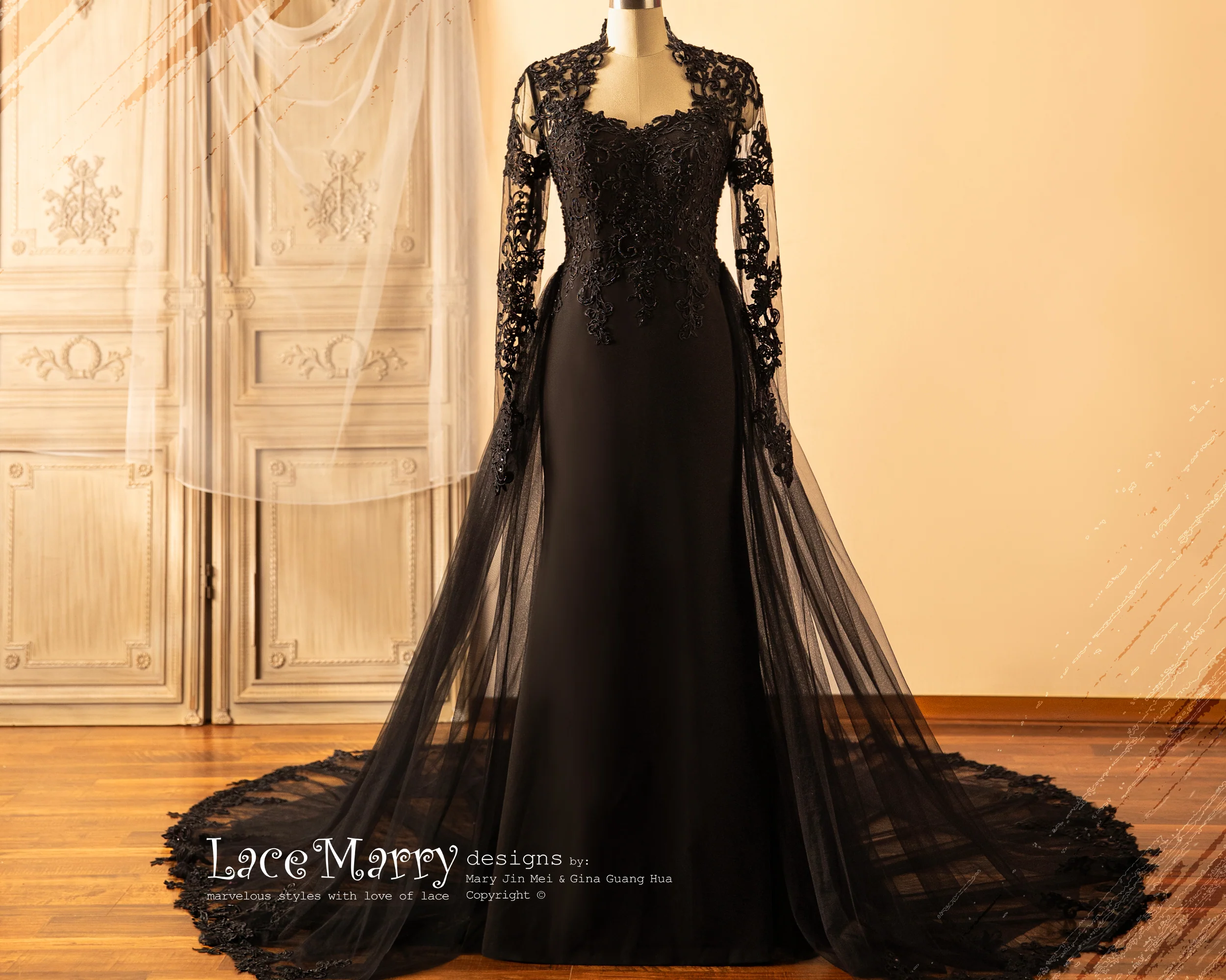 CLAIRE / Black Wedding Dress with Queen Anne Neckline - Image 15