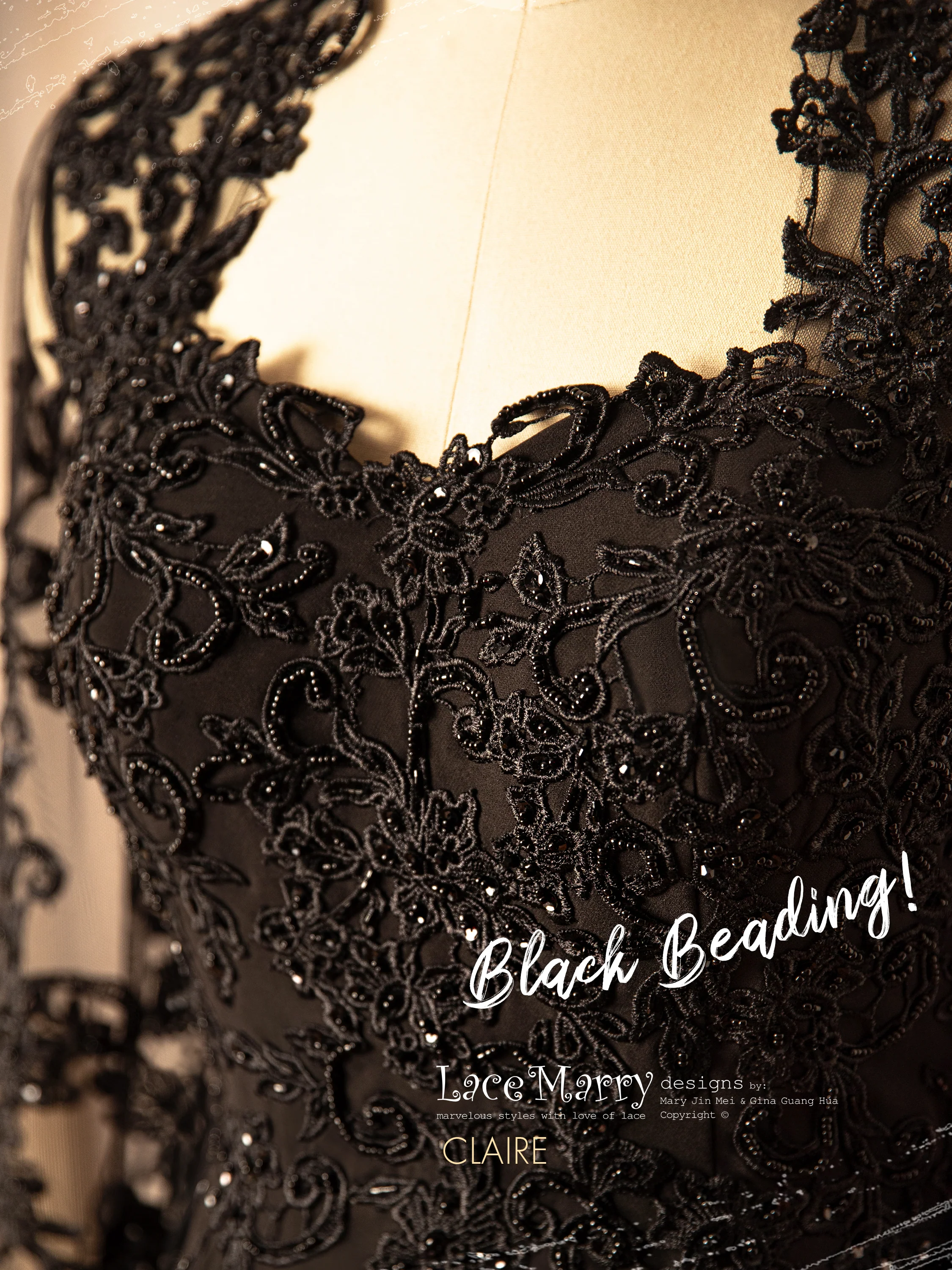 CLAIRE / Black Wedding Dress with Queen Anne Neckline - Image 3