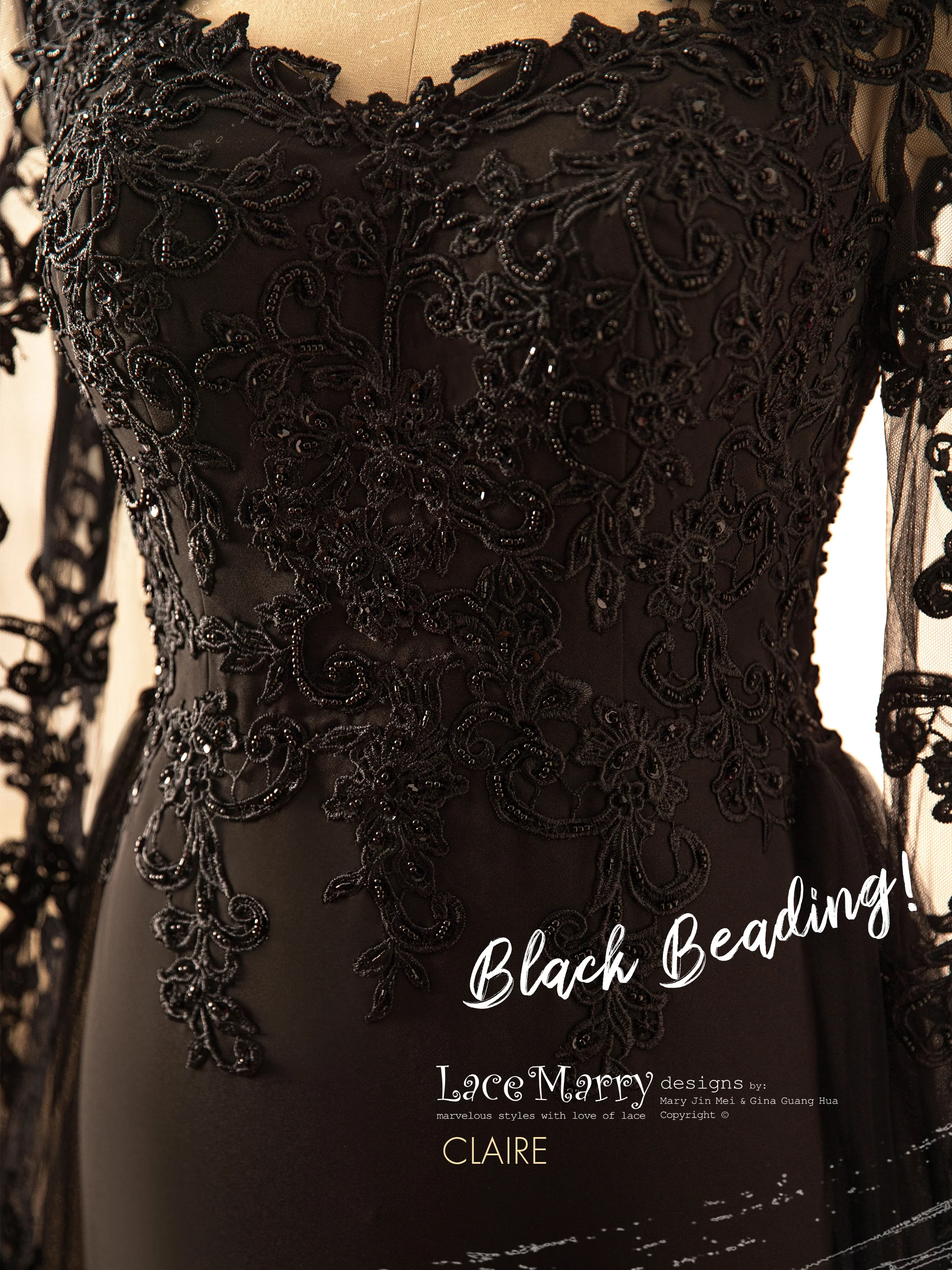 CLAIRE / Black Wedding Dress with Queen Anne Neckline - Image 4