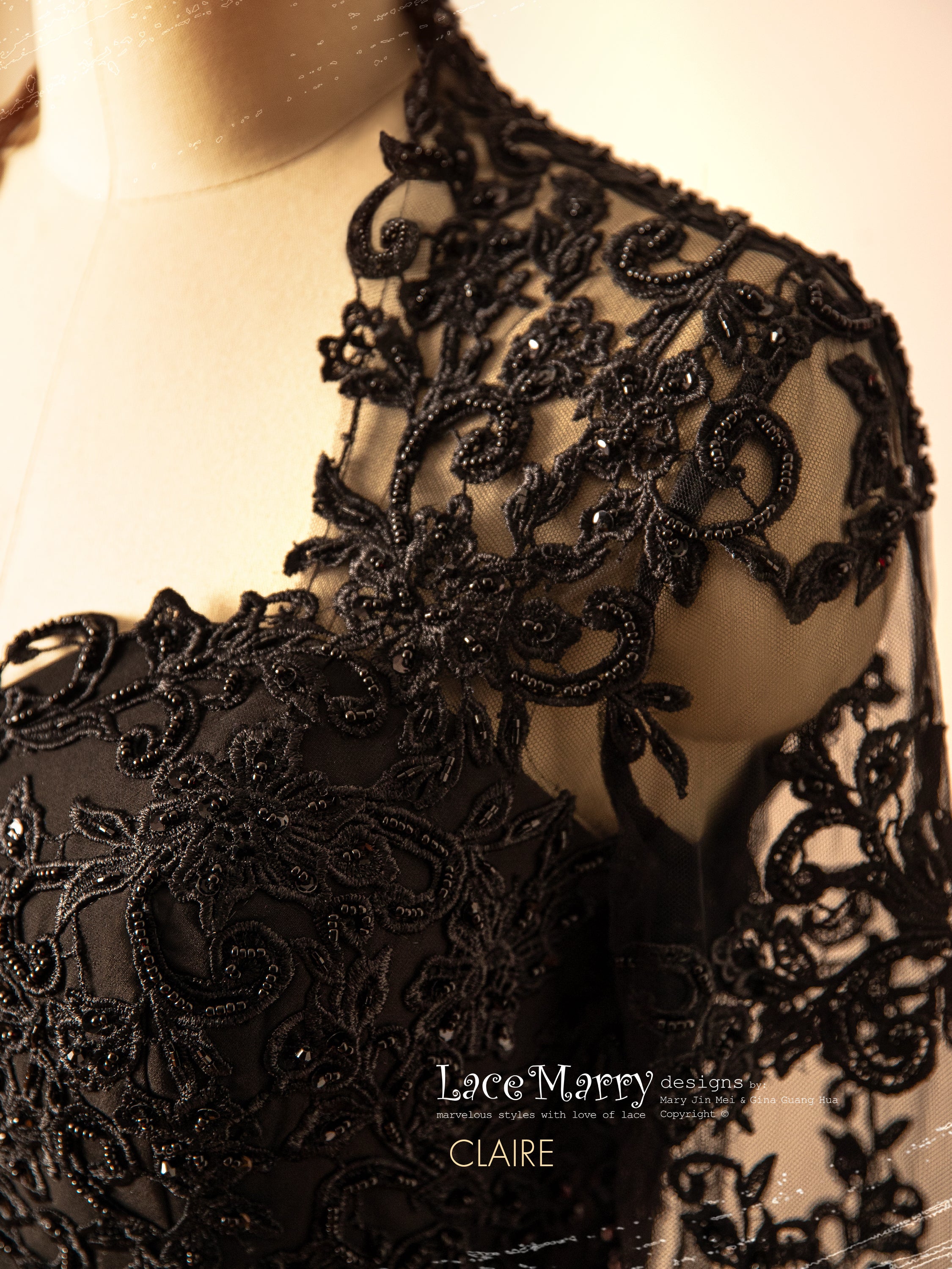 CLAIRE / Black Wedding Dress with Queen Anne Neckline - Image 5
