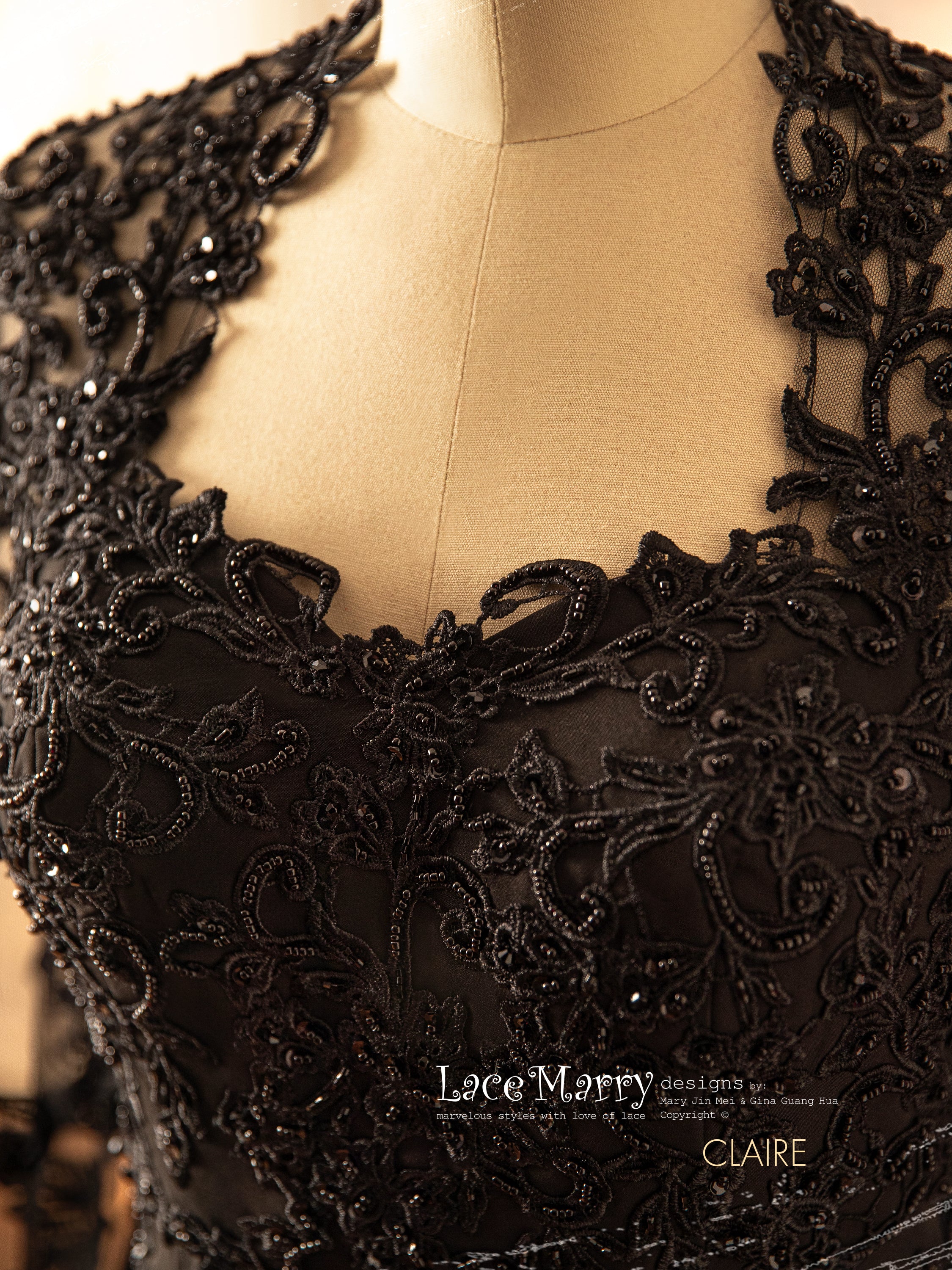 CLAIRE / Black Wedding Dress with Queen Anne Neckline - Image 6