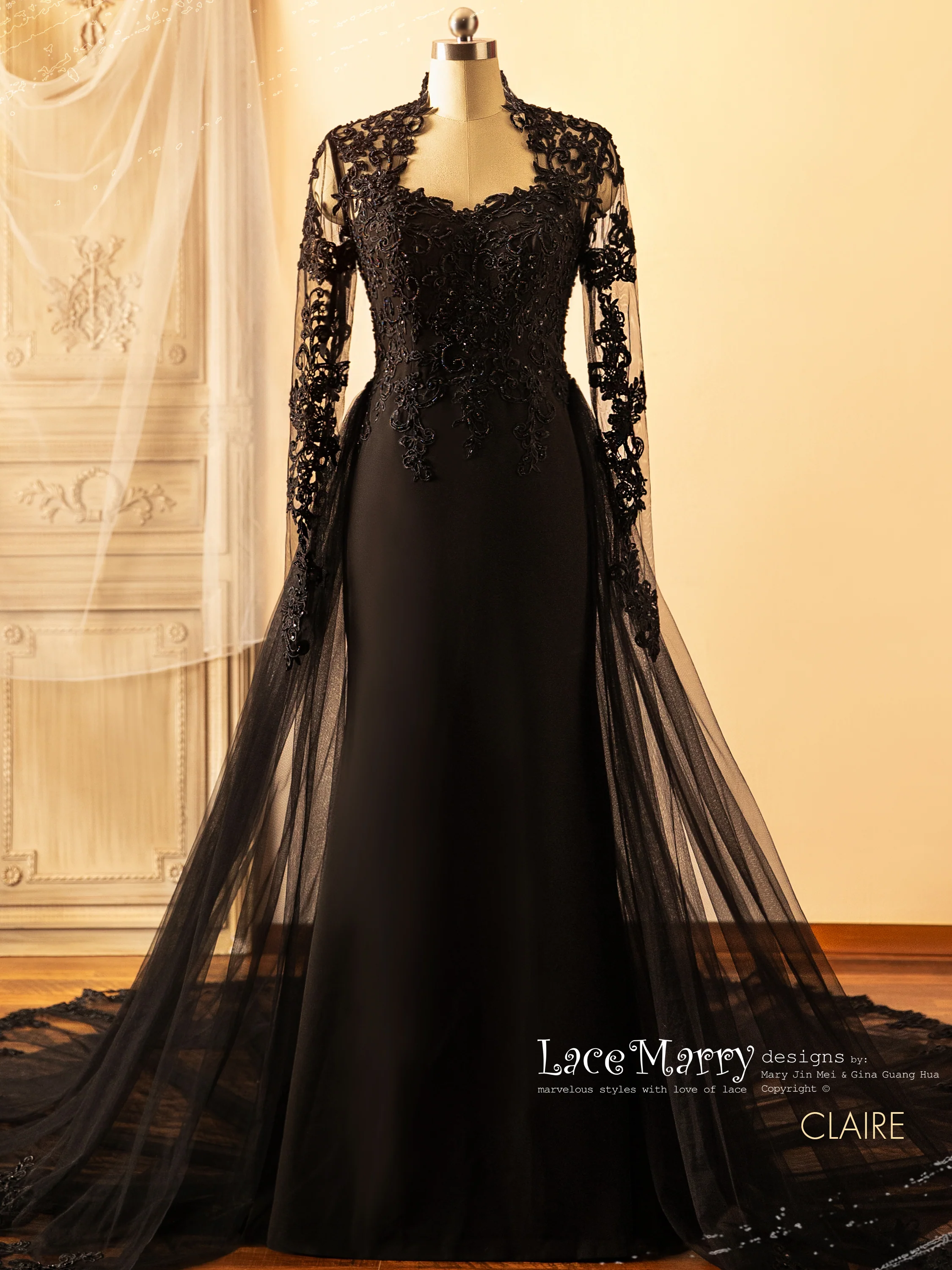 CLAIRE / Black Wedding Dress with Queen Anne Neckline - Image 7