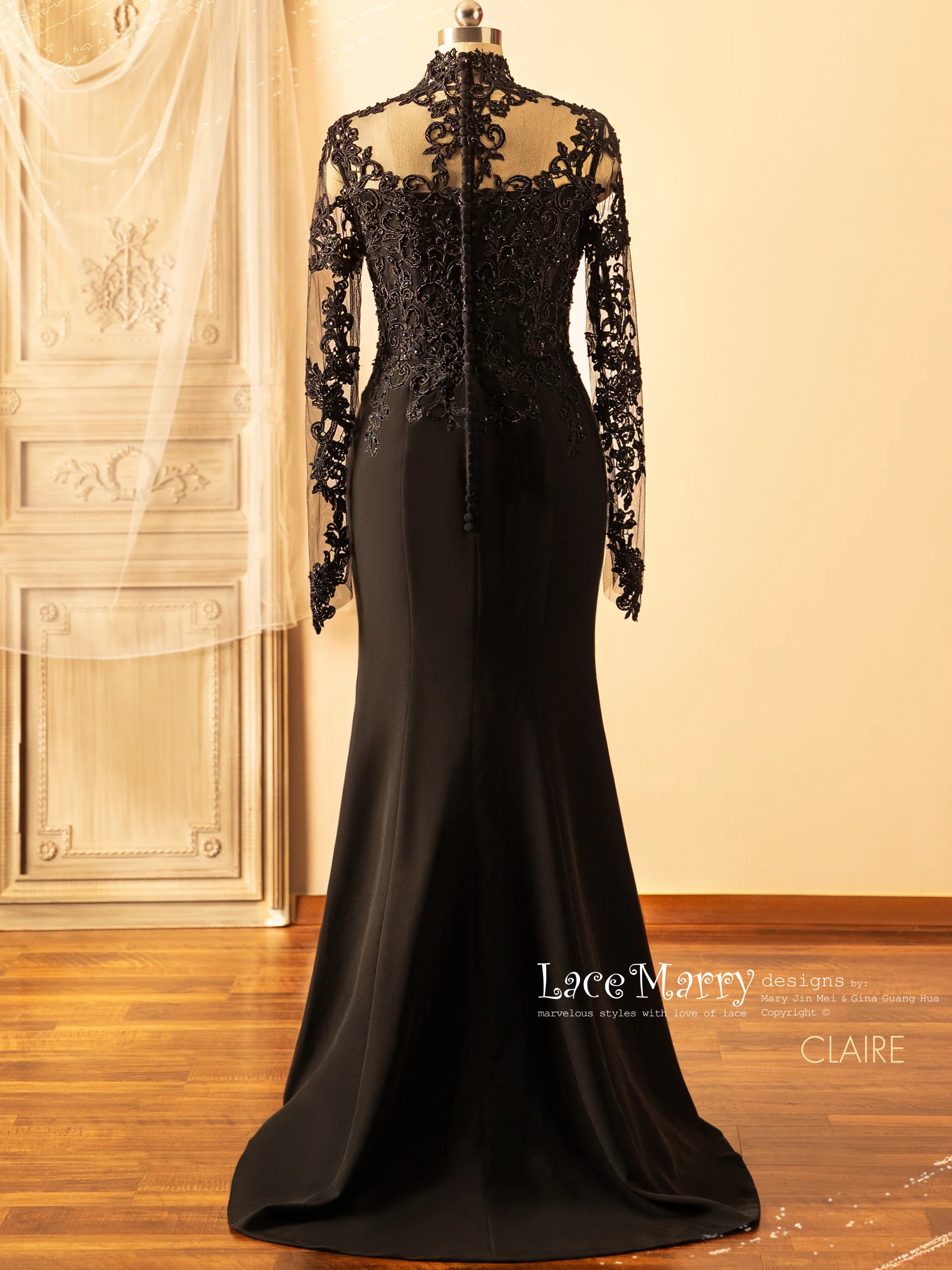 CLAIRE / Black Wedding Dress with Queen Anne Neckline - Image 8
