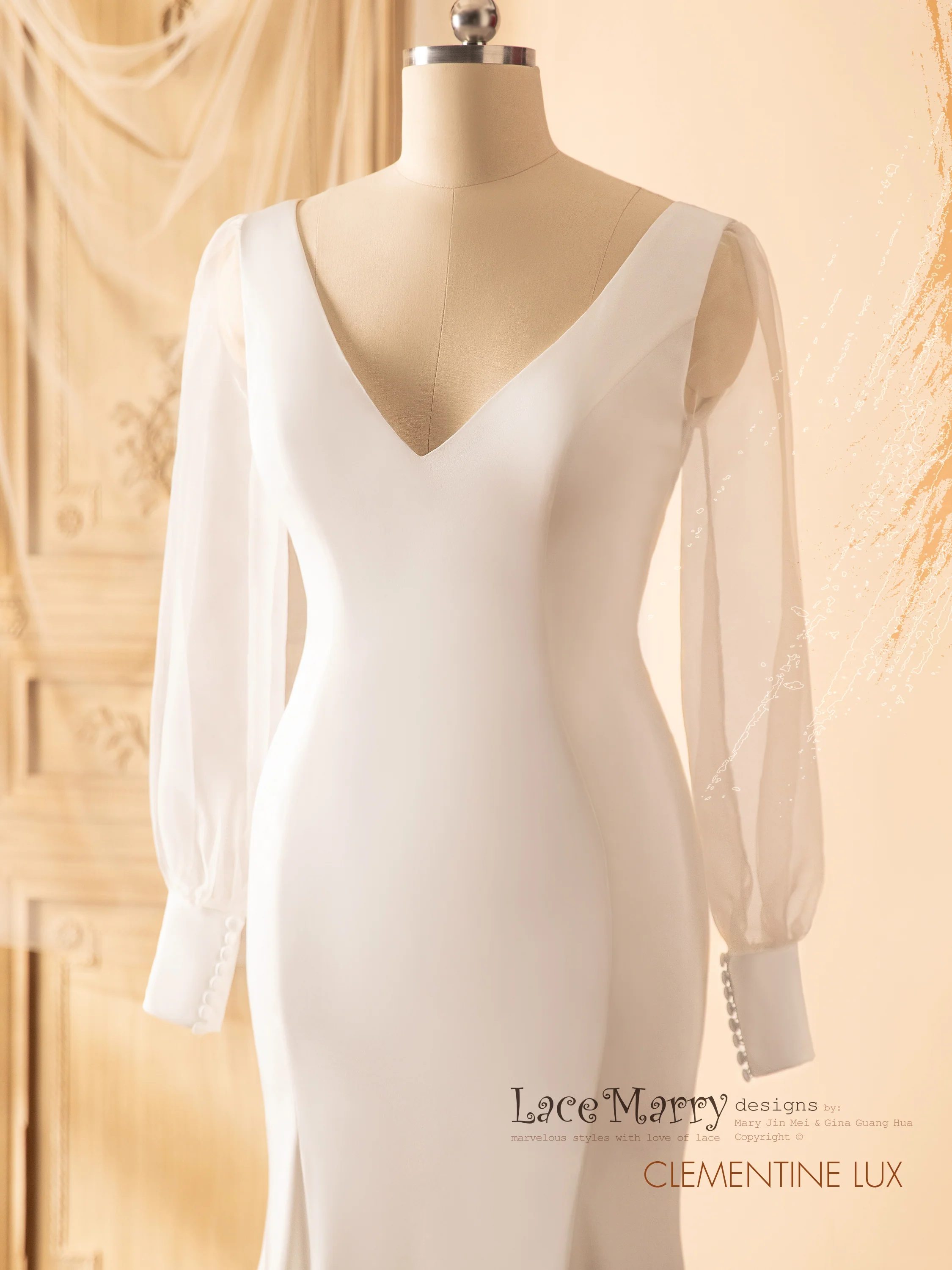 CLEMENTINE LUX / Elegant Wedding Dress with Long Sheer Sleeves - Image 3
