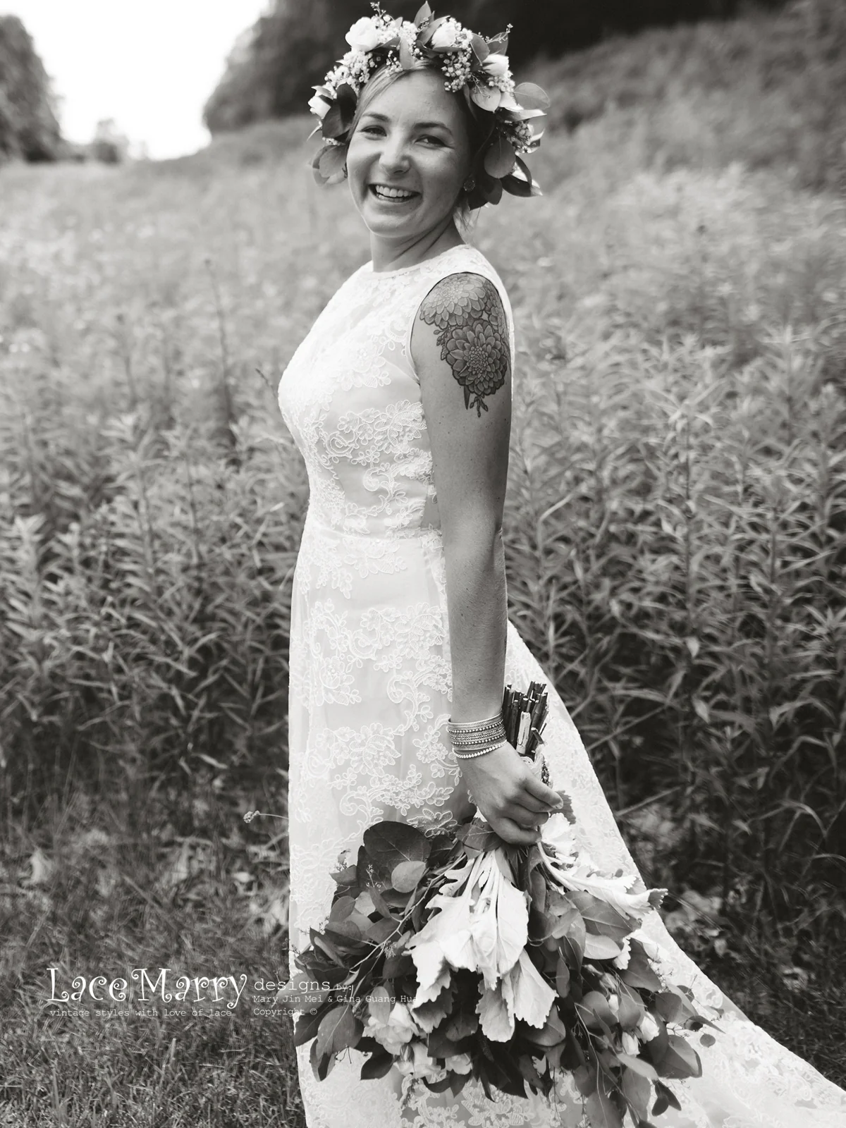 Column Lace Wedding Dress with Champagne Satin - Image 4