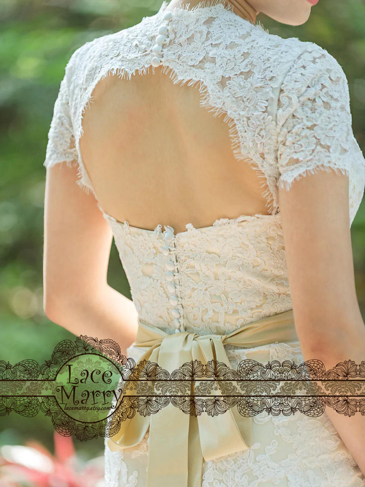 Cream Lace Wedding Dress with Illusion V Neckline - Image 3