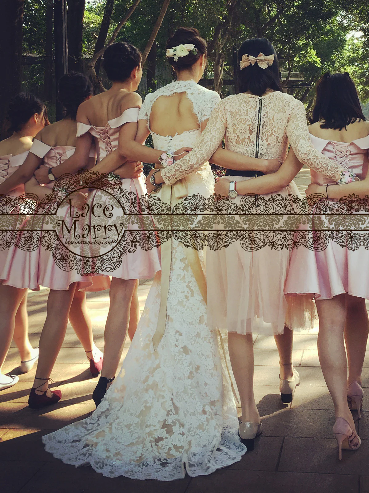 Cream Lace Wedding Dress with Illusion V Neckline - Image 4