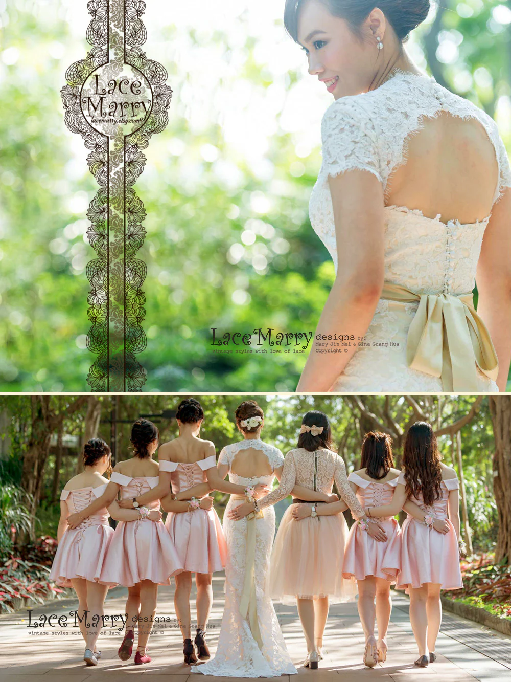 Cream Lace Wedding Dress with Illusion V Neckline - Image 6