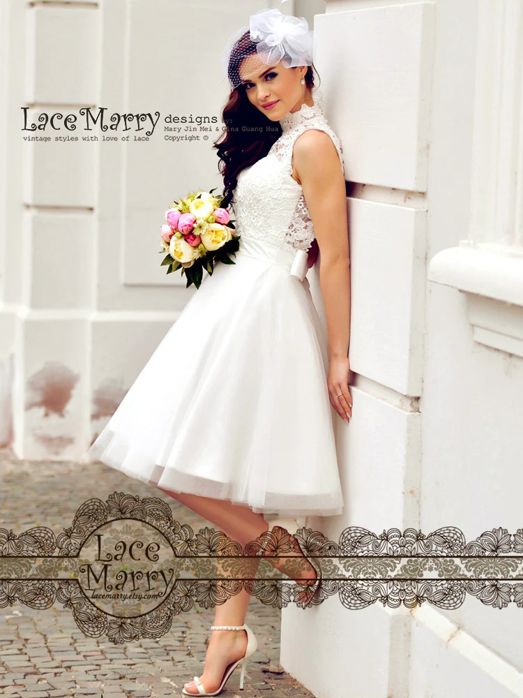 Custom Short Wedding Dress With Illusion Lace Bodice - Image 3