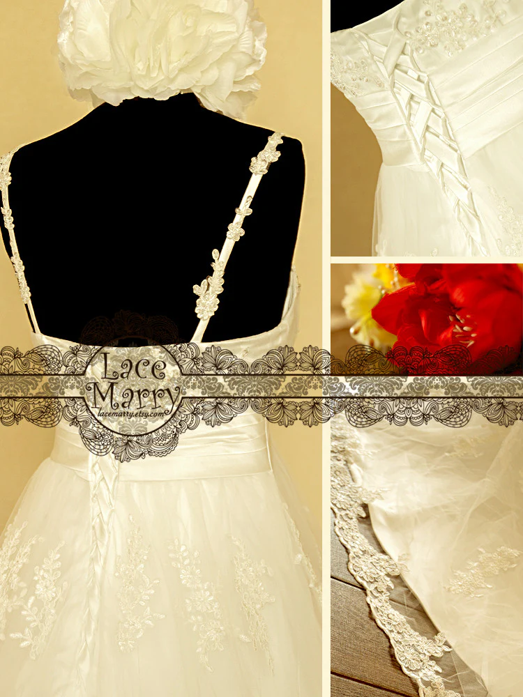 Delicate Flower Appliqué Lace Empire Waist Wedding Dress - Image 4