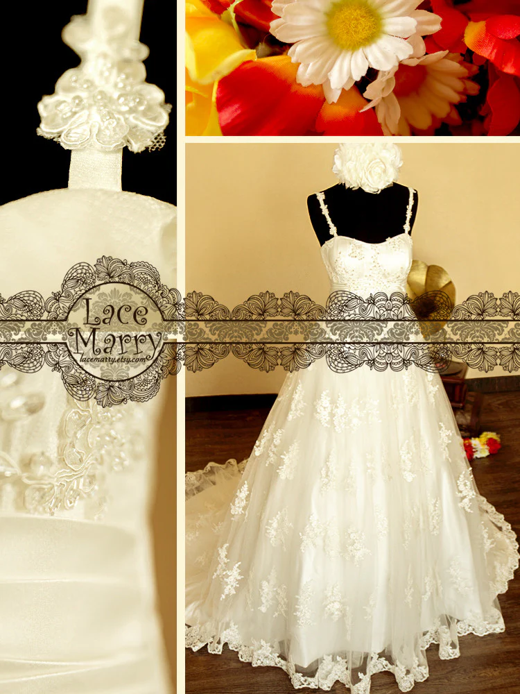 Delicate Flower Appliqué Lace Empire Waist Wedding Dress - Image 5
