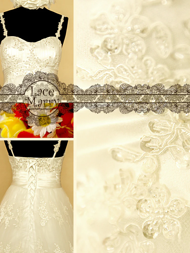 Delicate Flower Appliqué Lace Empire Waist Wedding Dress - Image 6