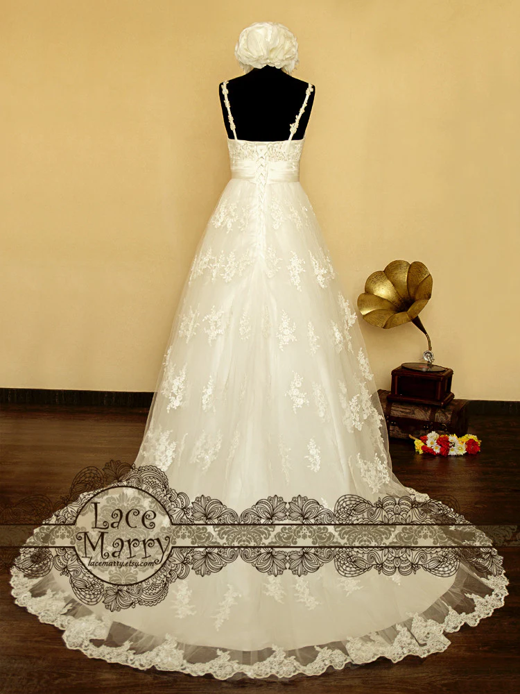 Delicate Flower Appliqué Lace Empire Waist Wedding Dress - Image 7