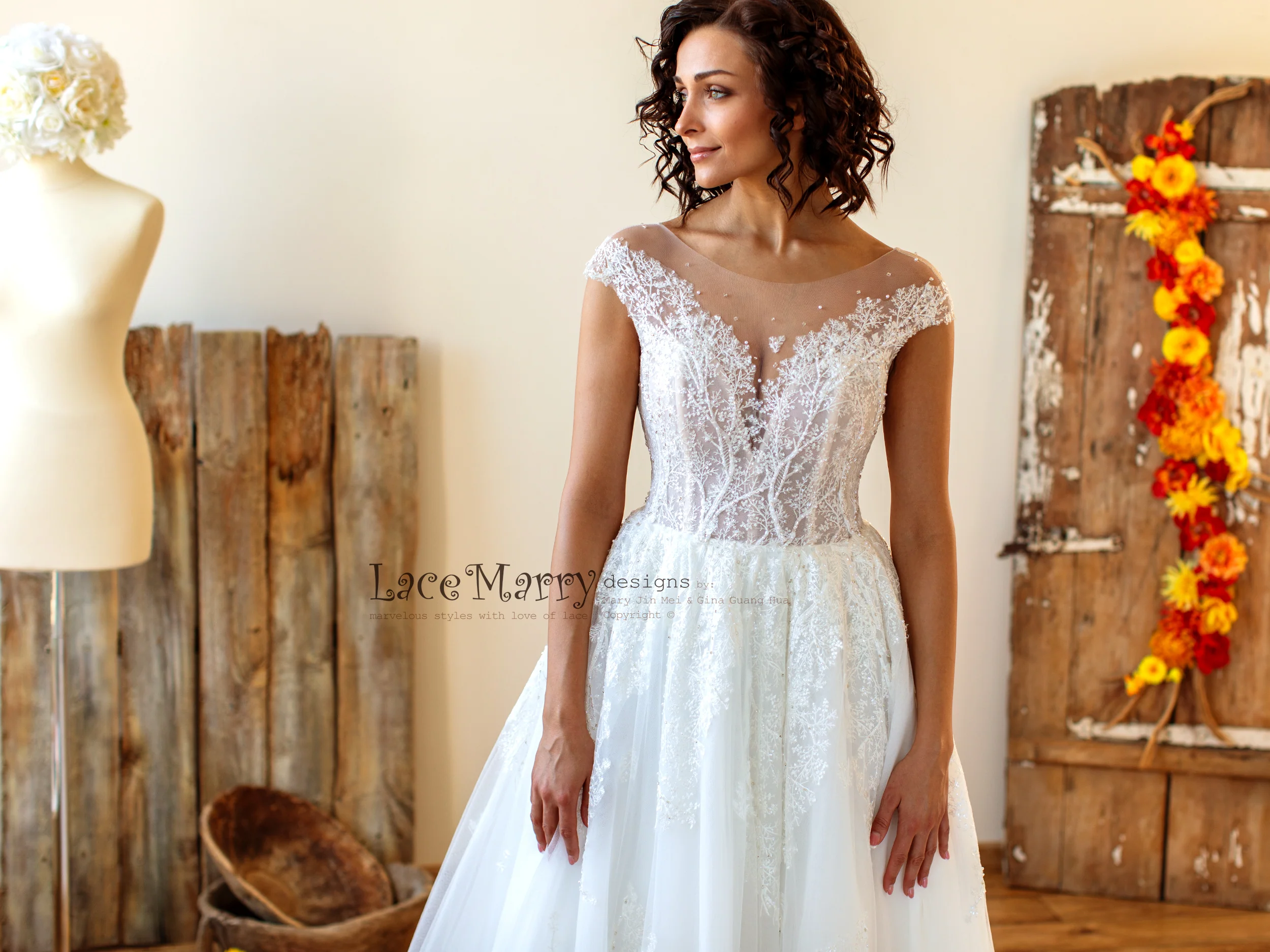 Embroidered Lace Wedding Dress with Illusion Cap Sleeves - Image 10