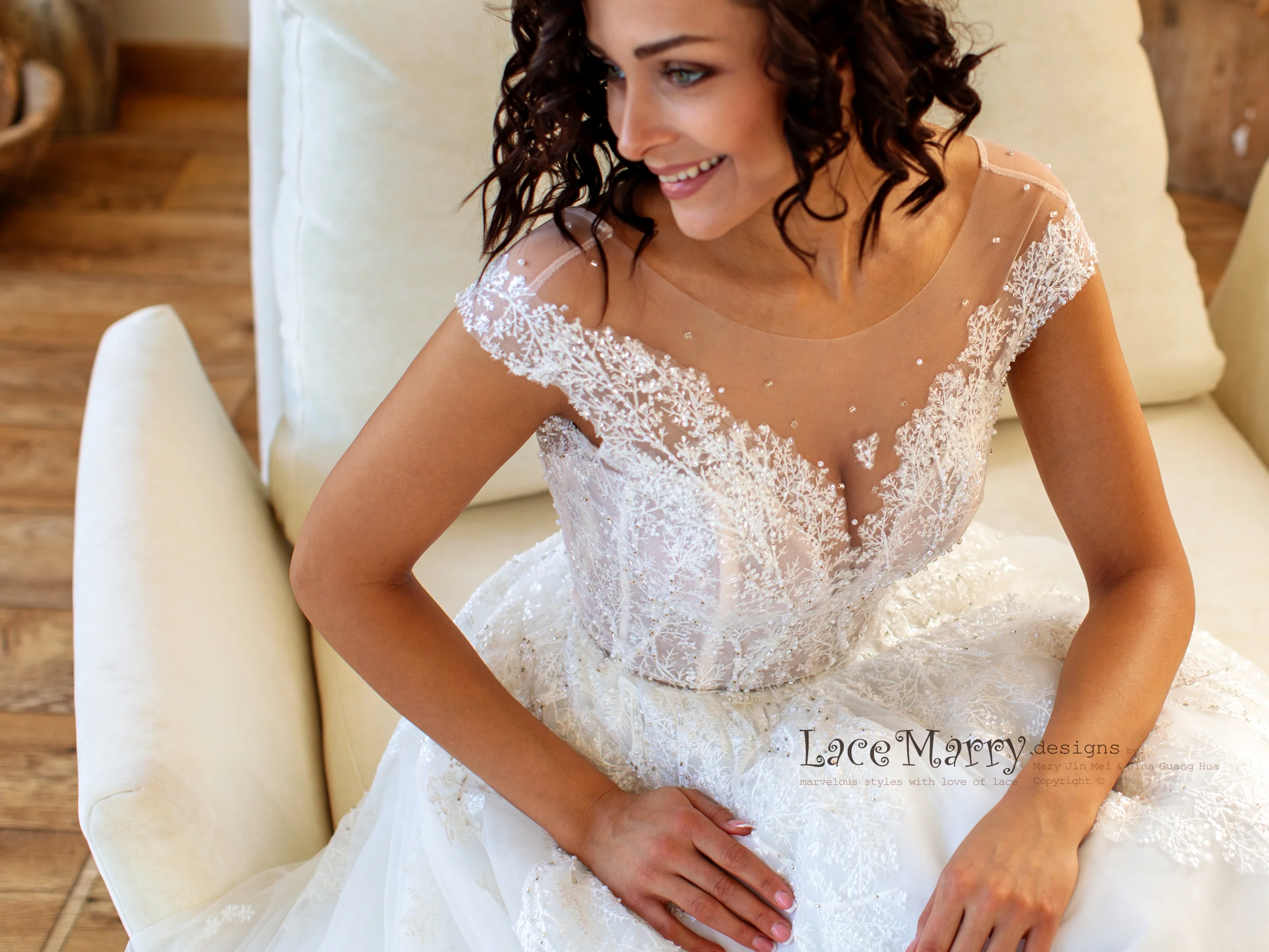 Embroidered Lace Wedding Dress with Illusion Cap Sleeves - Image 11