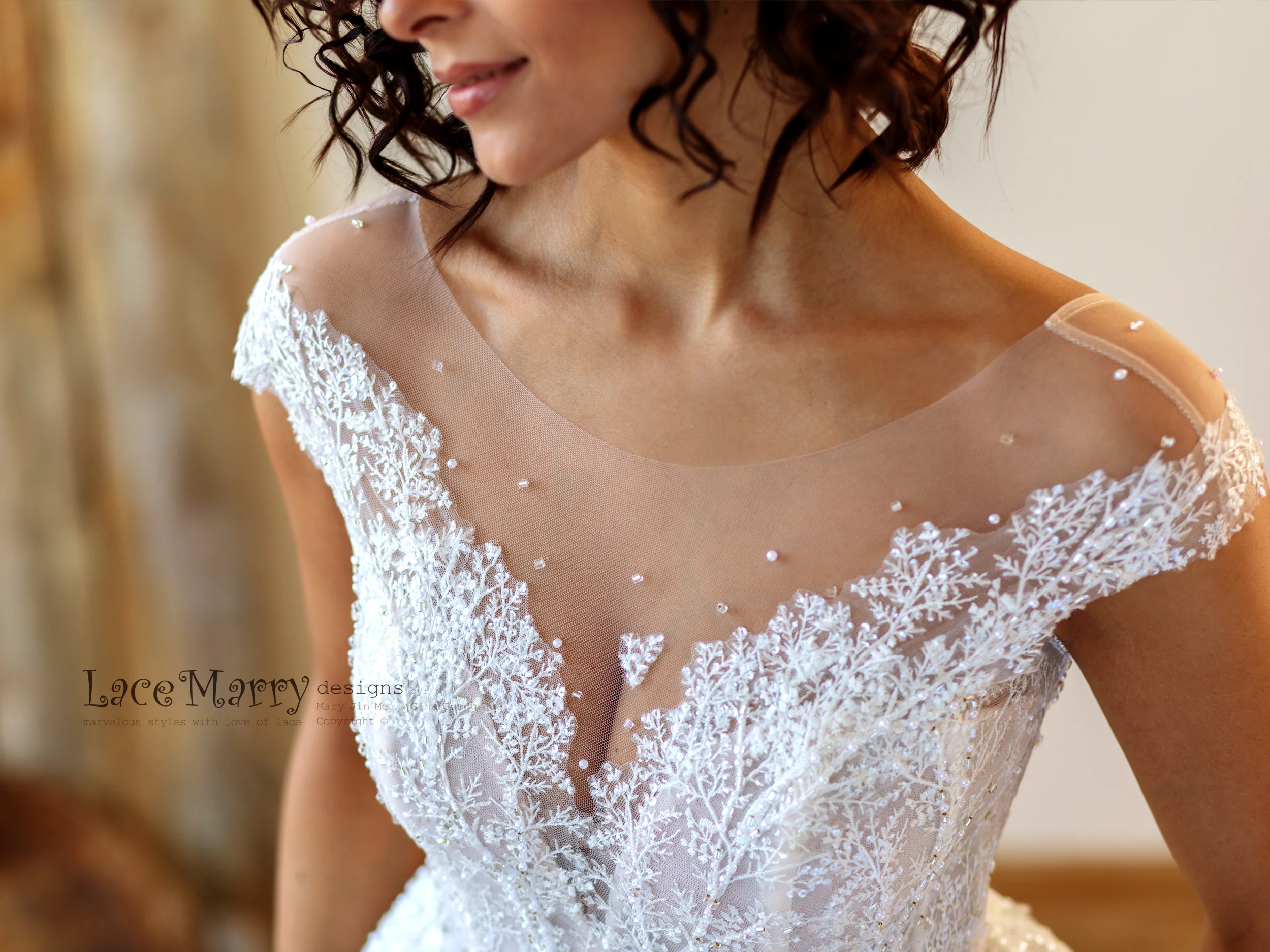 Embroidered Lace Wedding Dress with Illusion Cap Sleeves - Image 13